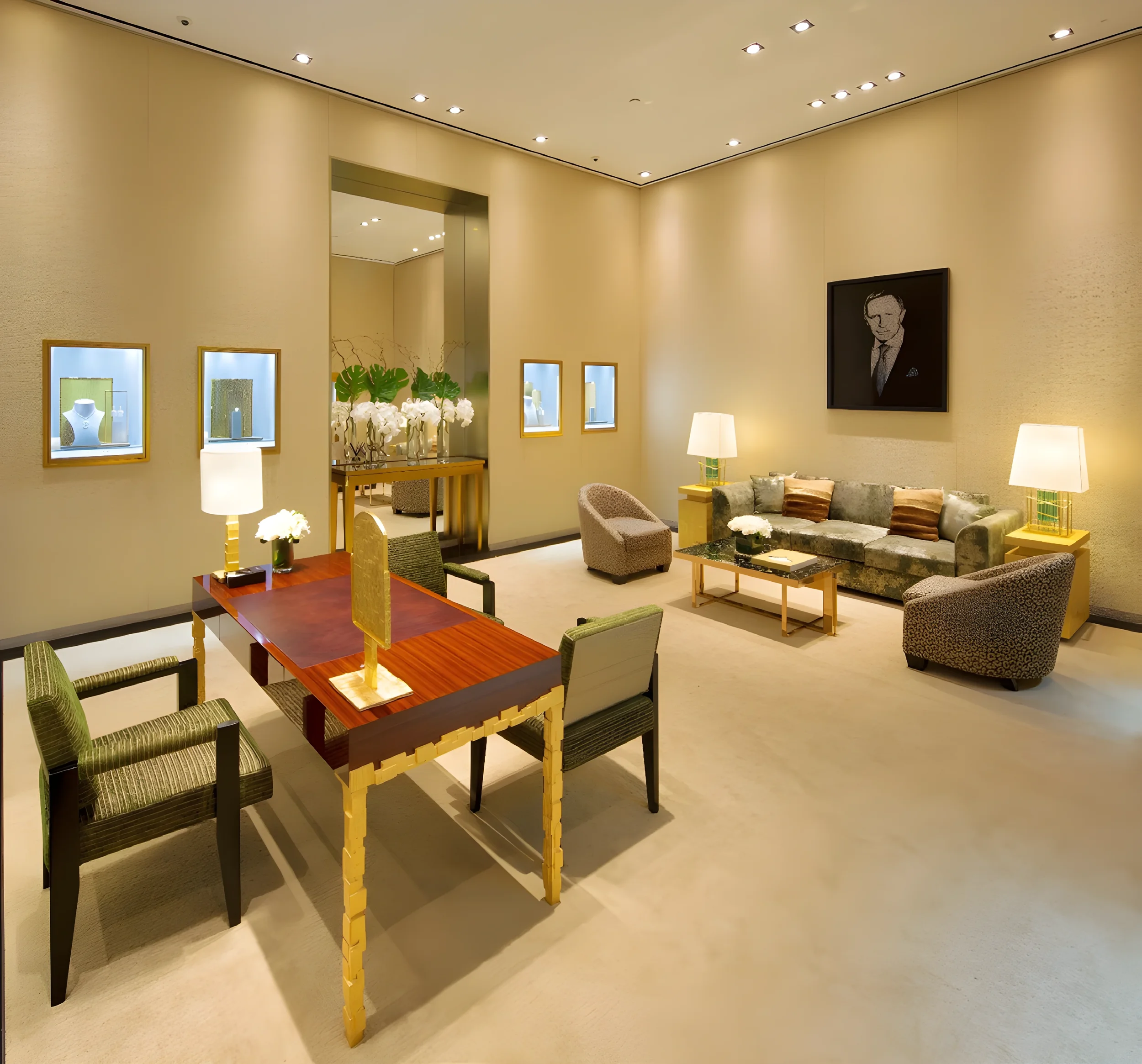 A modern interior room with beige walls and a light-colored floor. There are multiple display niches with jewelry or decorative items inside, illuminated with blue lighting. A wooden table with a flower arrangement and candles is visible in the foreground. To the right, there is a gray upholstered armchair and a sofa with brown and gold cushions. A floor lamp with a white shade and a yellow side table are also present. On the wall, a black portrait of a man in a suit is hanging.