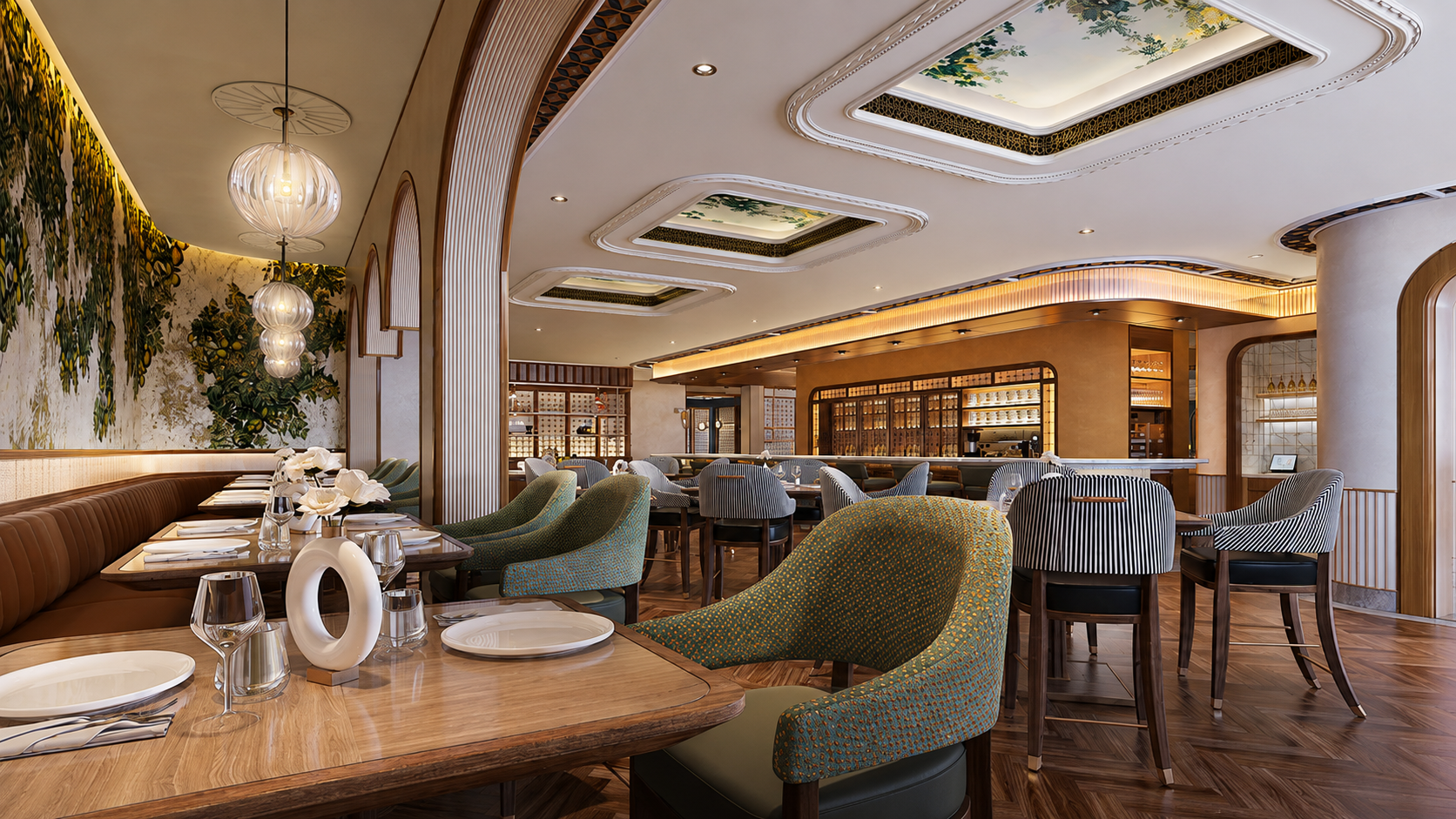 Elegant restaurant interior with colorful chairs, wooden tables set with plates and glassware, decorative lighting, and lush wall art of lemons and greenery.