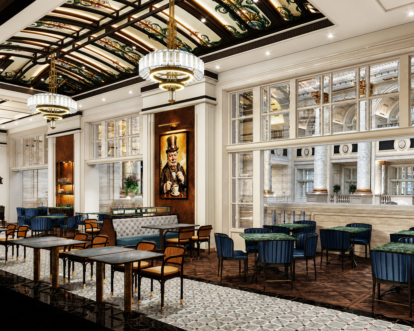 Luxury hotel lobby with ornate ceiling, large windows, and elegant seating including blue and green chairs and marble tables. Portrait of a man in a top hat hanging on the wall.
