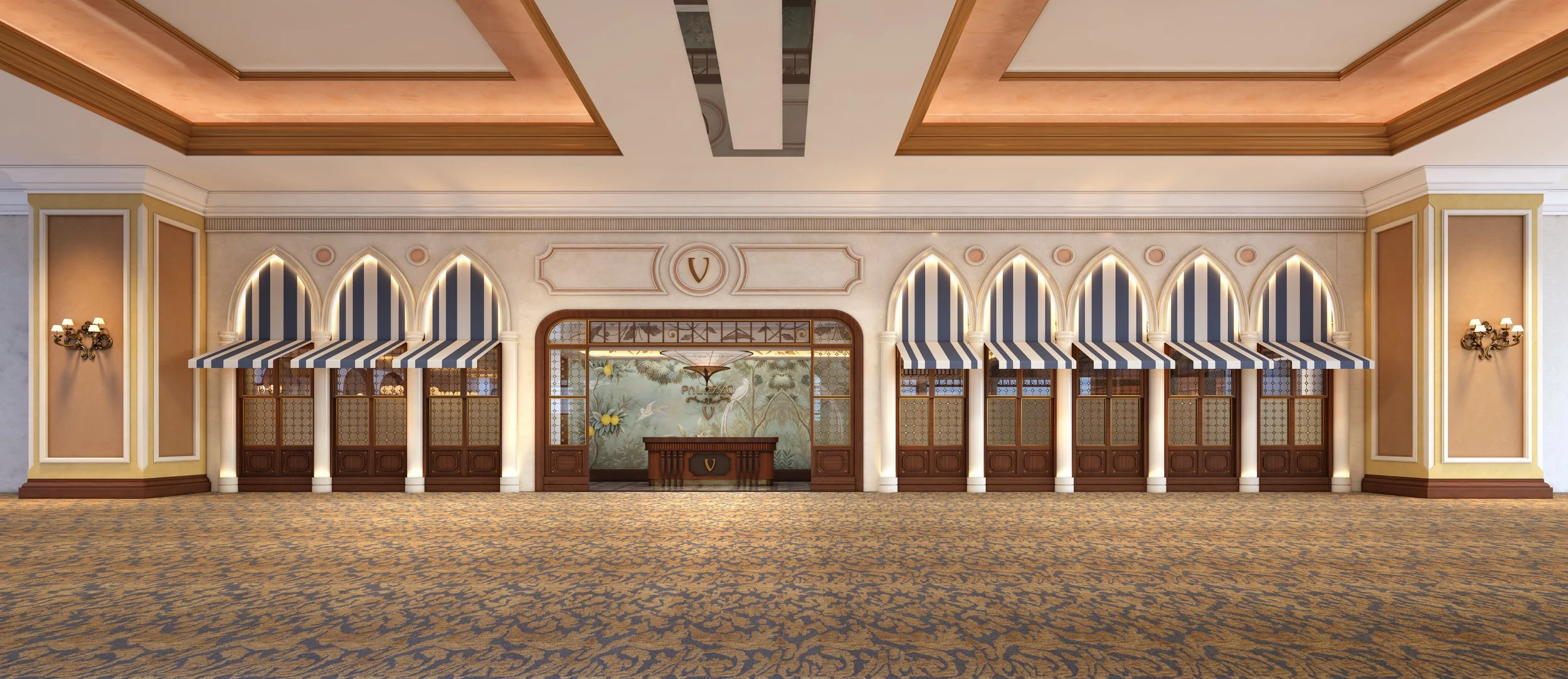 Elegant hotel lobby with a row of seven doors with striped awnings, ornate wall sconces, a decorative backdrop with floral and bird motifs, and a patterned carpet.