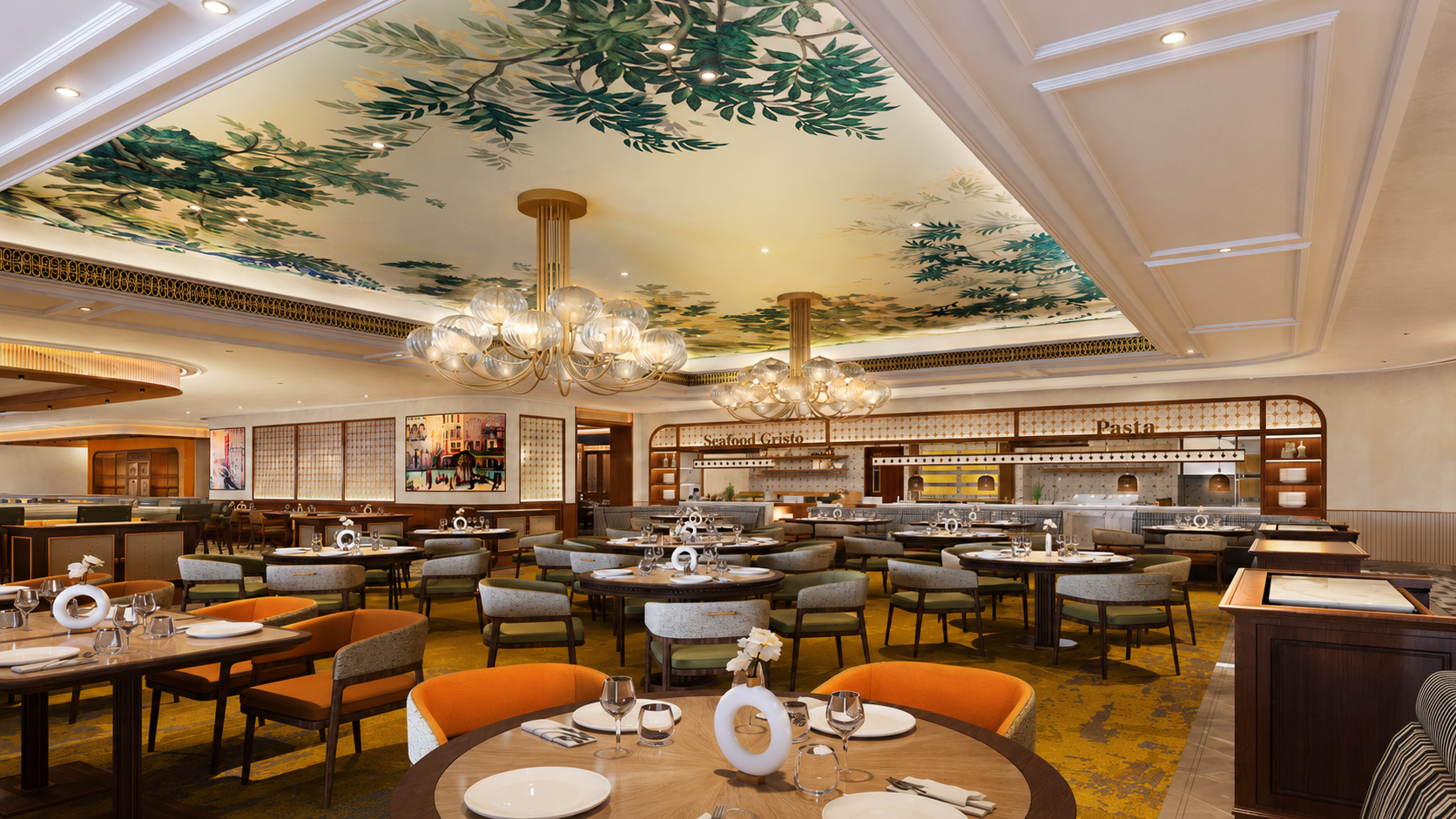 Elegant restaurant dining area with decorated ceiling featuring green foliage patterns, equipped with modern chandeliers, arranged tables with white tableware, glassware, and vases, wooden accents, and warm lighting.
