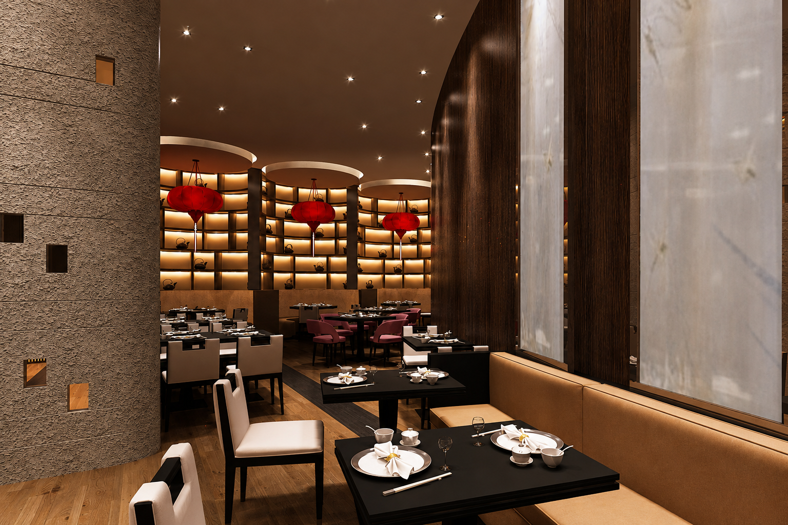 Elegant restaurant interior with black and beige tables, white and pink chairs, decorative red lanterns, and a curved wall with illuminated shelves displaying teapots and vases.