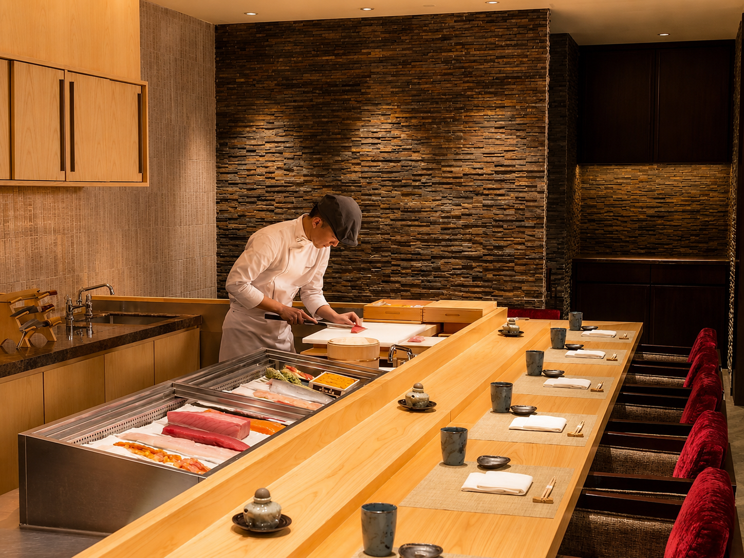 A sushi chef prepares sushi at a counter in a Japanese restaurant with seating for six, set with cups, small plates, and napkins, in a modern interior with stone and wood decor.