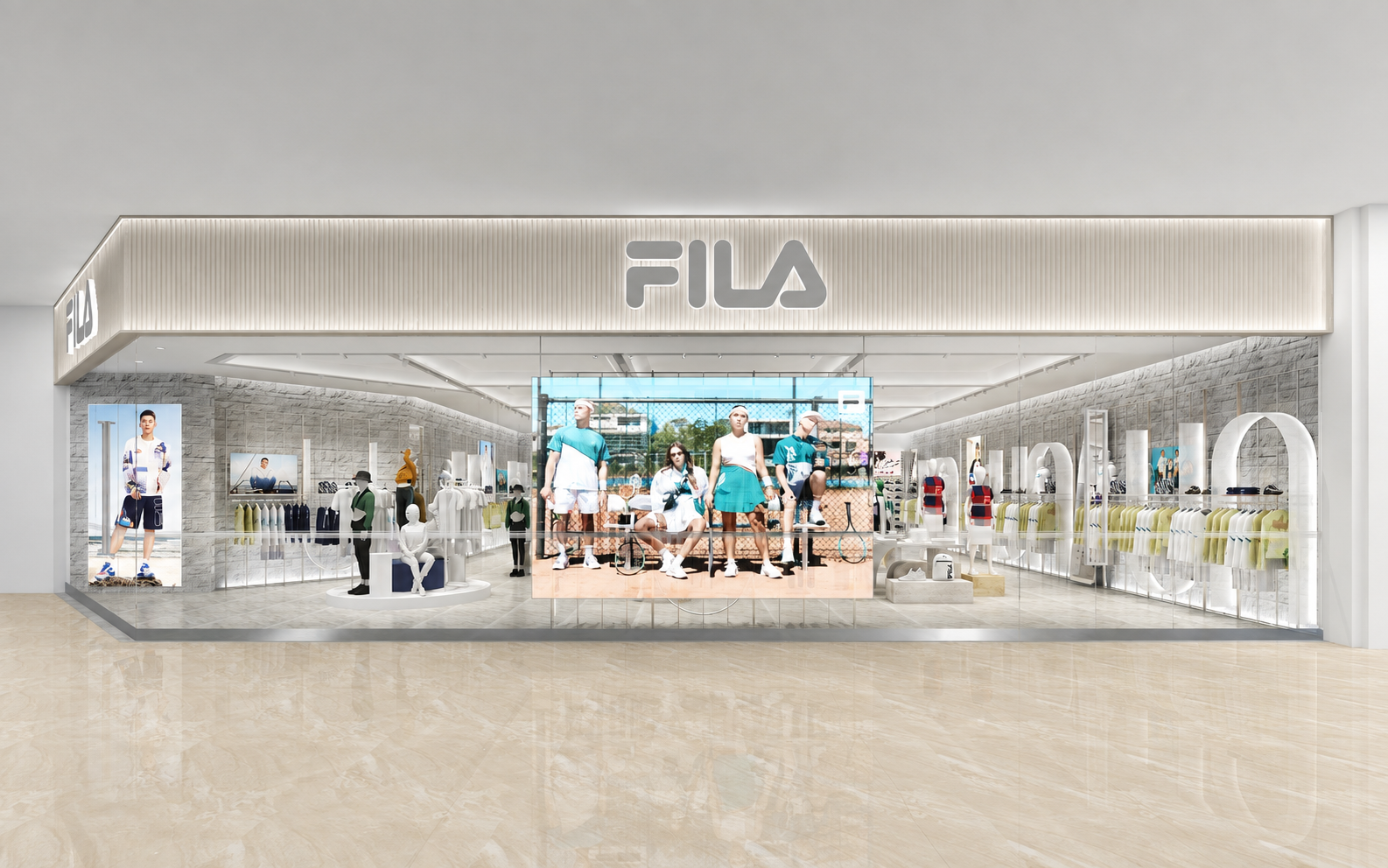 FILA store entrance with mannequins dressed in athletic wear and digital screens displaying sports apparel.