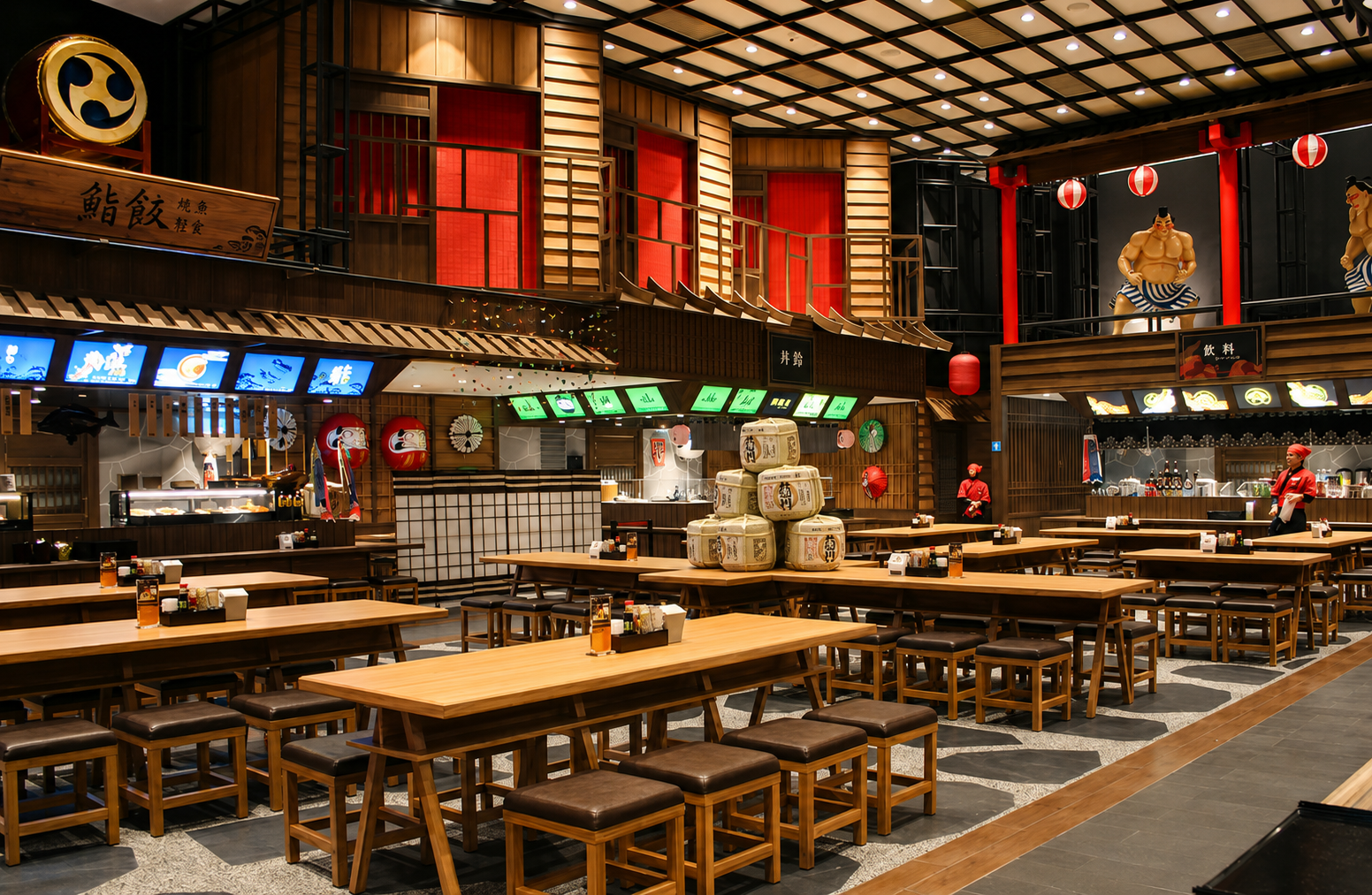 Interior of a Japanese restaurant with wooden furniture, lanterns, and traditional decor, including large statues and rice barrels.