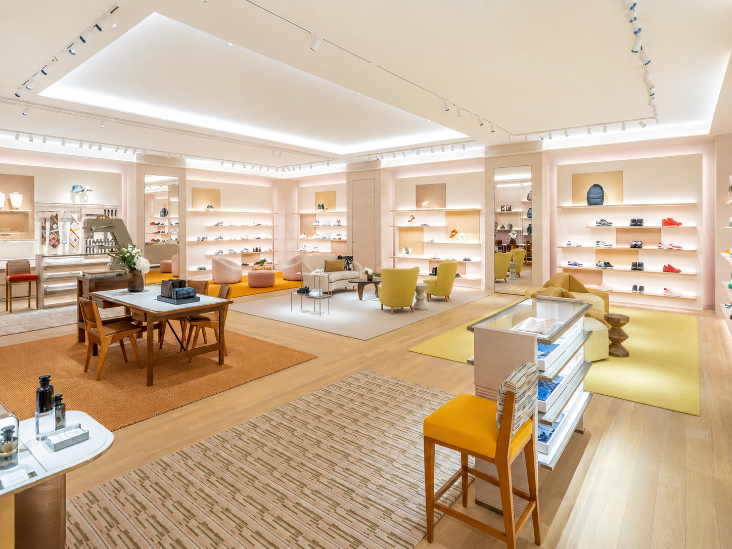 An upscale retail store with display shelves of shoes and accessories, seating areas with chairs and sofas, and wooden tables with merchandise, all illuminated by bright lighting with a modern, minimalist decor.