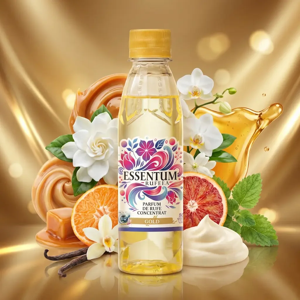 A bottle of Essentium perfume surrounded by orange slices, white orchids, vanilla beans, and caramel and honey swirls with a golden background.