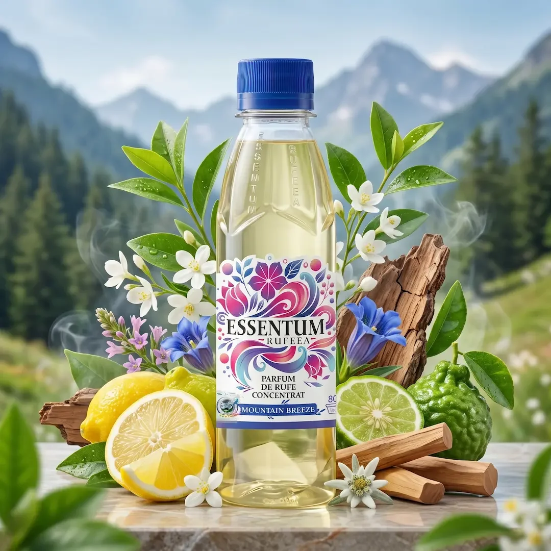 A bottle of Essenceum Rufeaa perfume with lemon, kaffir lime, wood sticks, and flowers, set against a mountain landscape background.