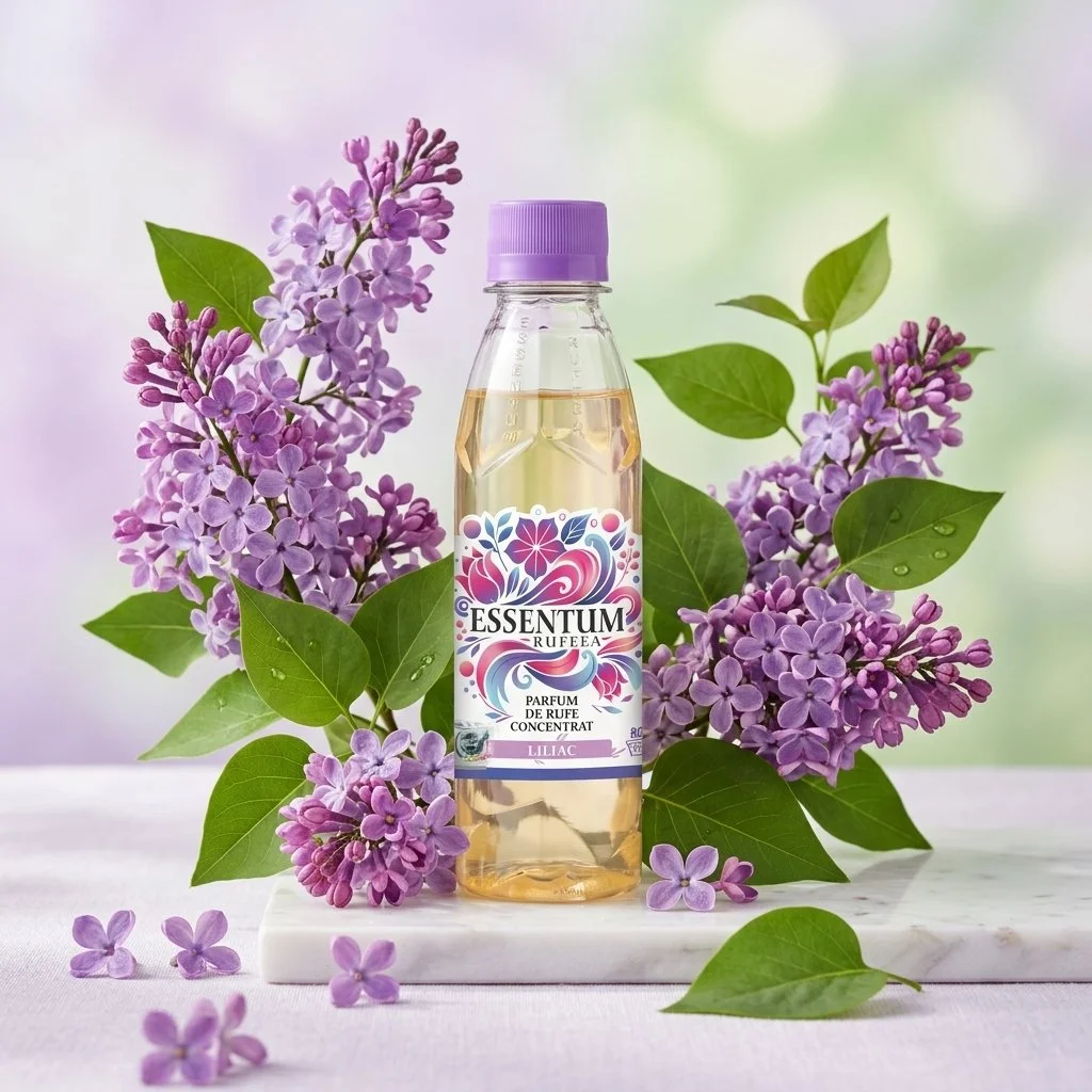 A clear bottle of lilac-scented perfume surrounded by lilac flowers and green leaves on a white marble surface with a soft, blurred pastel background.