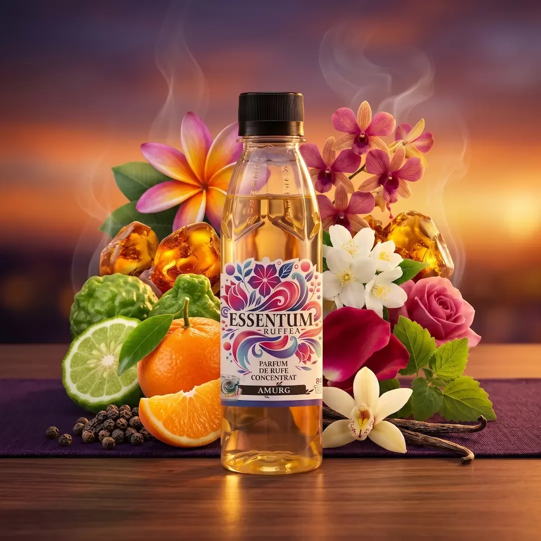 A bottle of Essentum Ruffea perfume surrounded by colorful flowers including orchids and roses, along with slices of lime, orange, kaffir lime leaves, and black peppercorns, set against a sunset background.