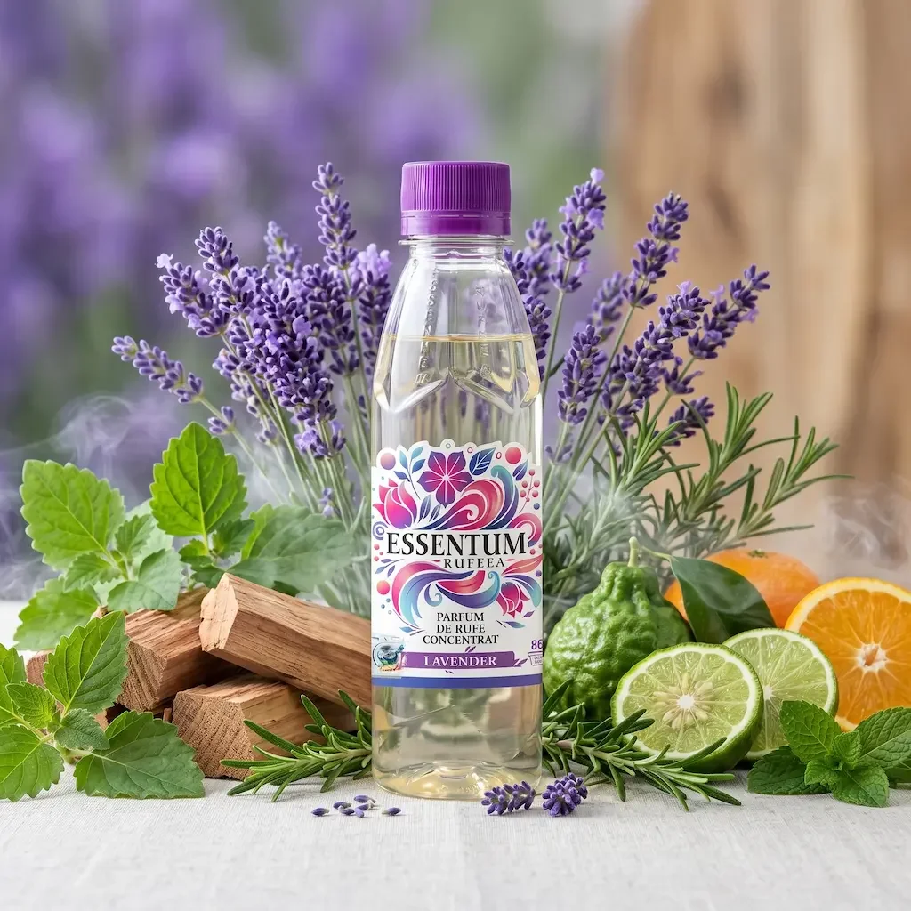 A bottle of lavender scented perfume surrounded by lavender flowers, green leaves, pieces of wood, and citrus slices including lemon, lime, and orange.