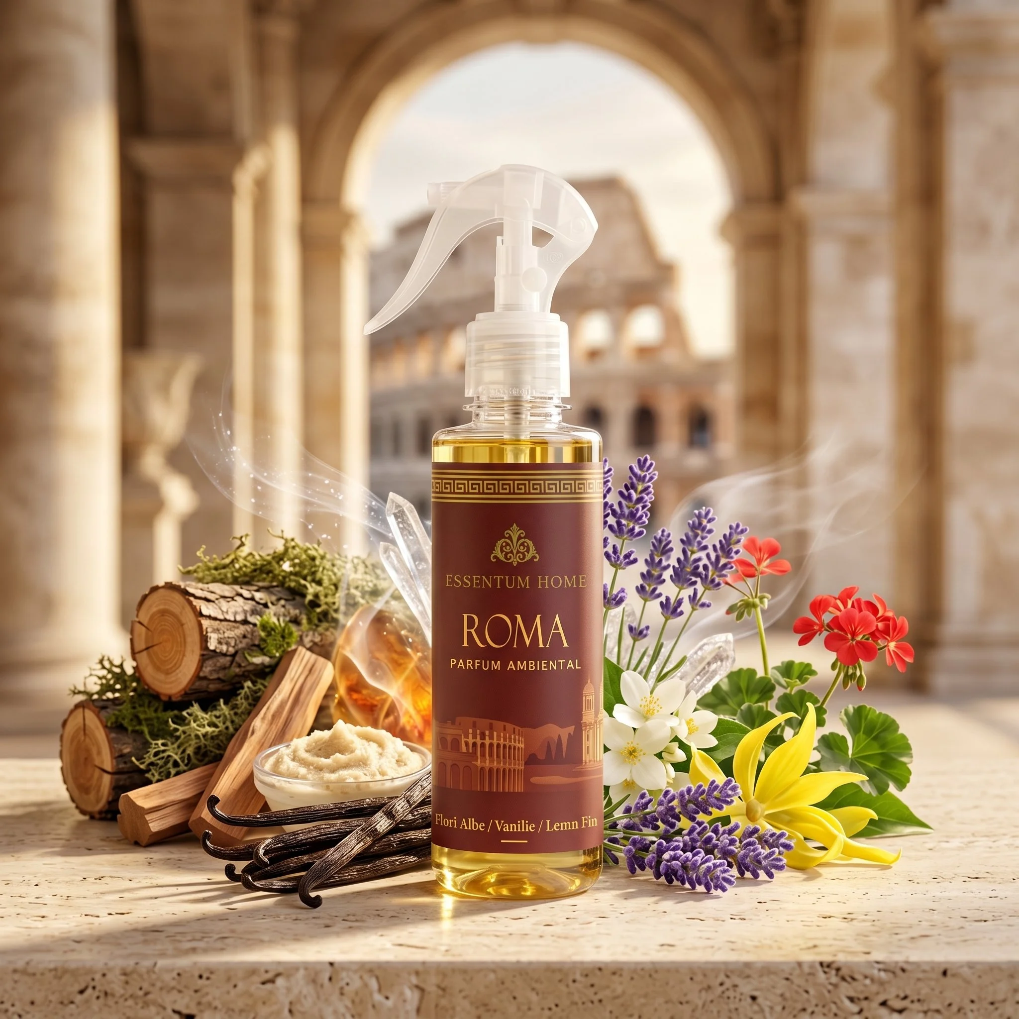 A bottle of ambient perfume labeled 'Roma' from Essentum Home, surrounded by fresh flowers and natural elements on a stone countertop with an archway in the background.