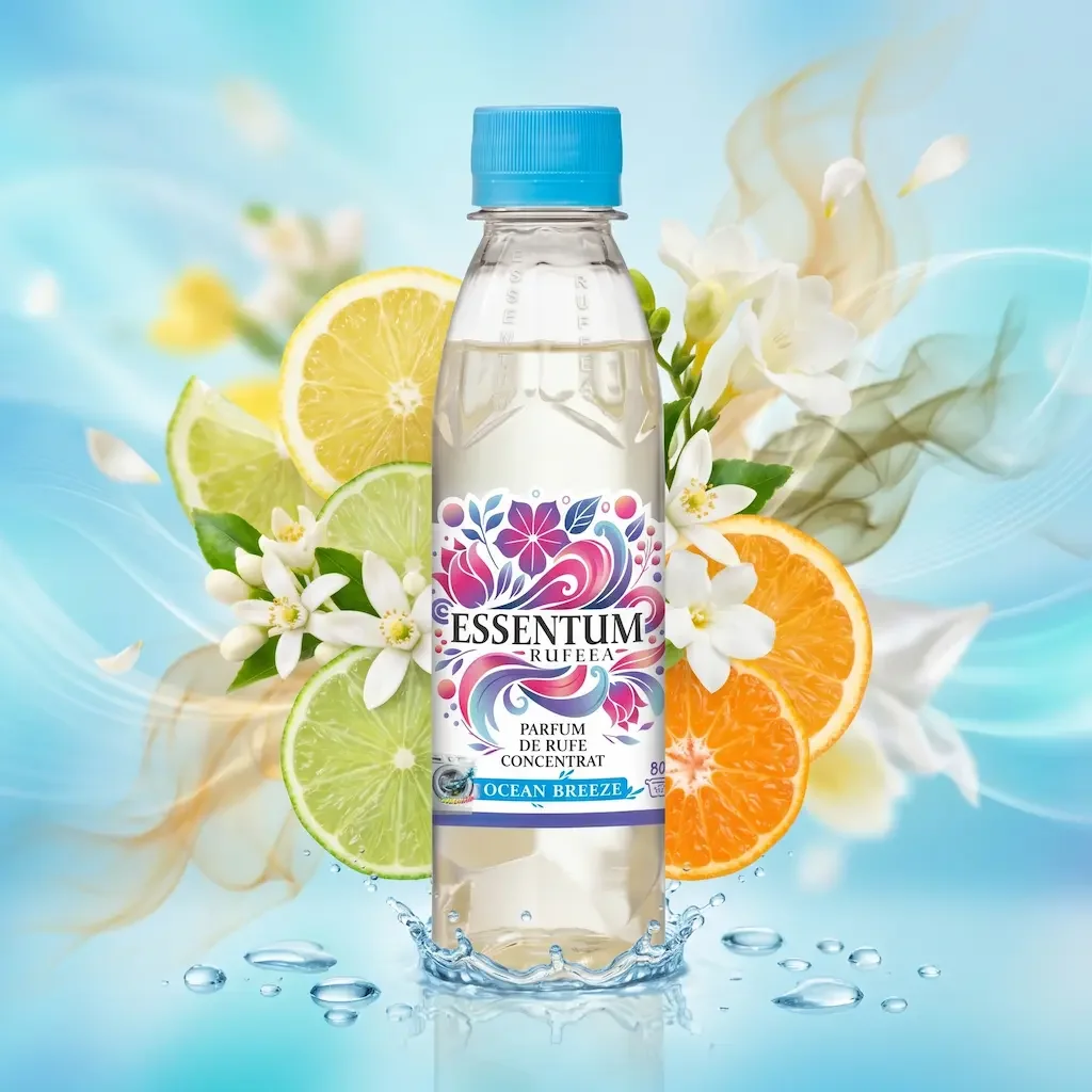 A clear bottle of Essentum Rufeaa perfume named Ocean Breeze is surrounded by slices of lemon, lime, and orange, white flowers, with water droplets and waves in a light blue background.