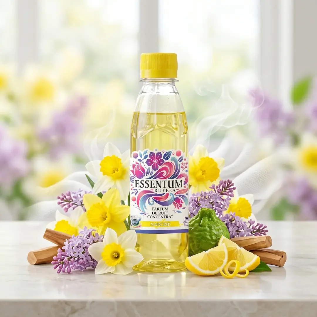 A bottle of Essentum perfume with floral and citrus scents on a white surface, surrounded by yellow and purple flowers, lemon slices, and cinnamon sticks.