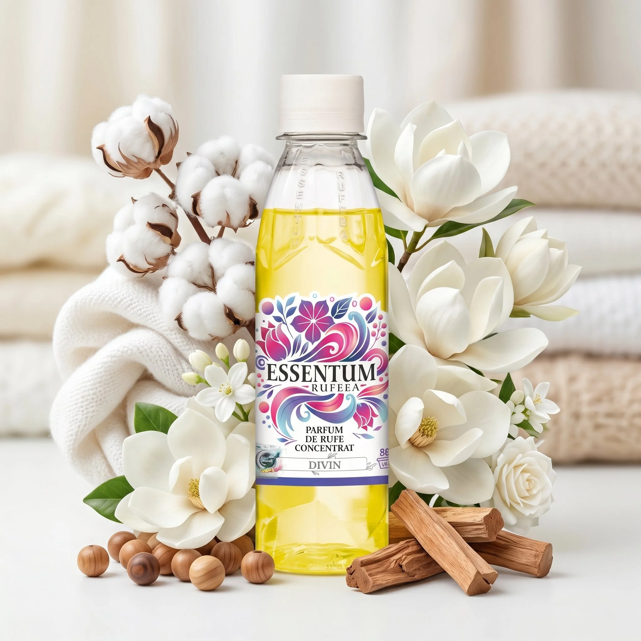 A perfume bottle labeled "Essentum Rufeaa" surrounded by white flowers, cotton, wooden balls, and wood blocks on a white background.