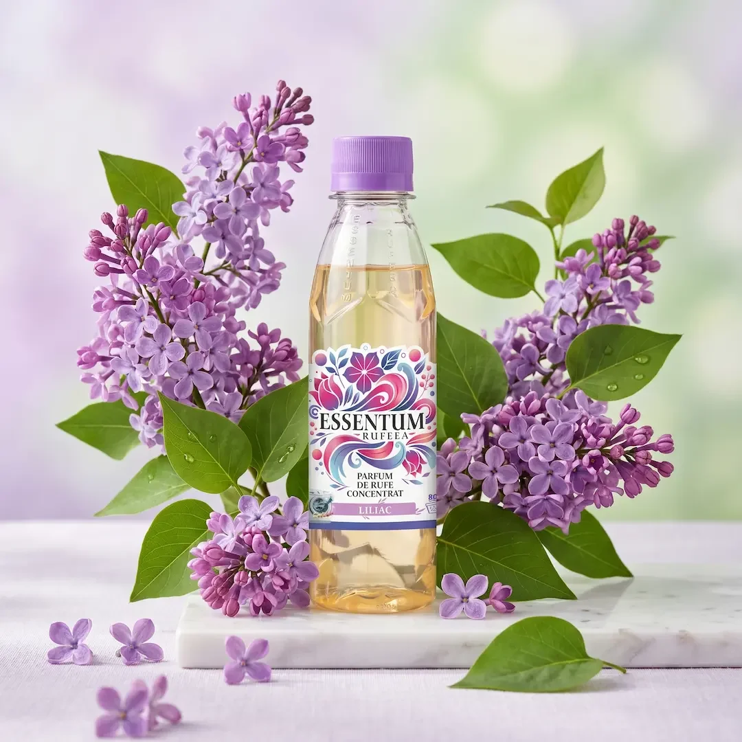 A bottle of lavender scented perfume labeled 'Essentum Rufeal' surrounded by purple lilac flowers and green leaves on a marble surface with a soft, blurred background.