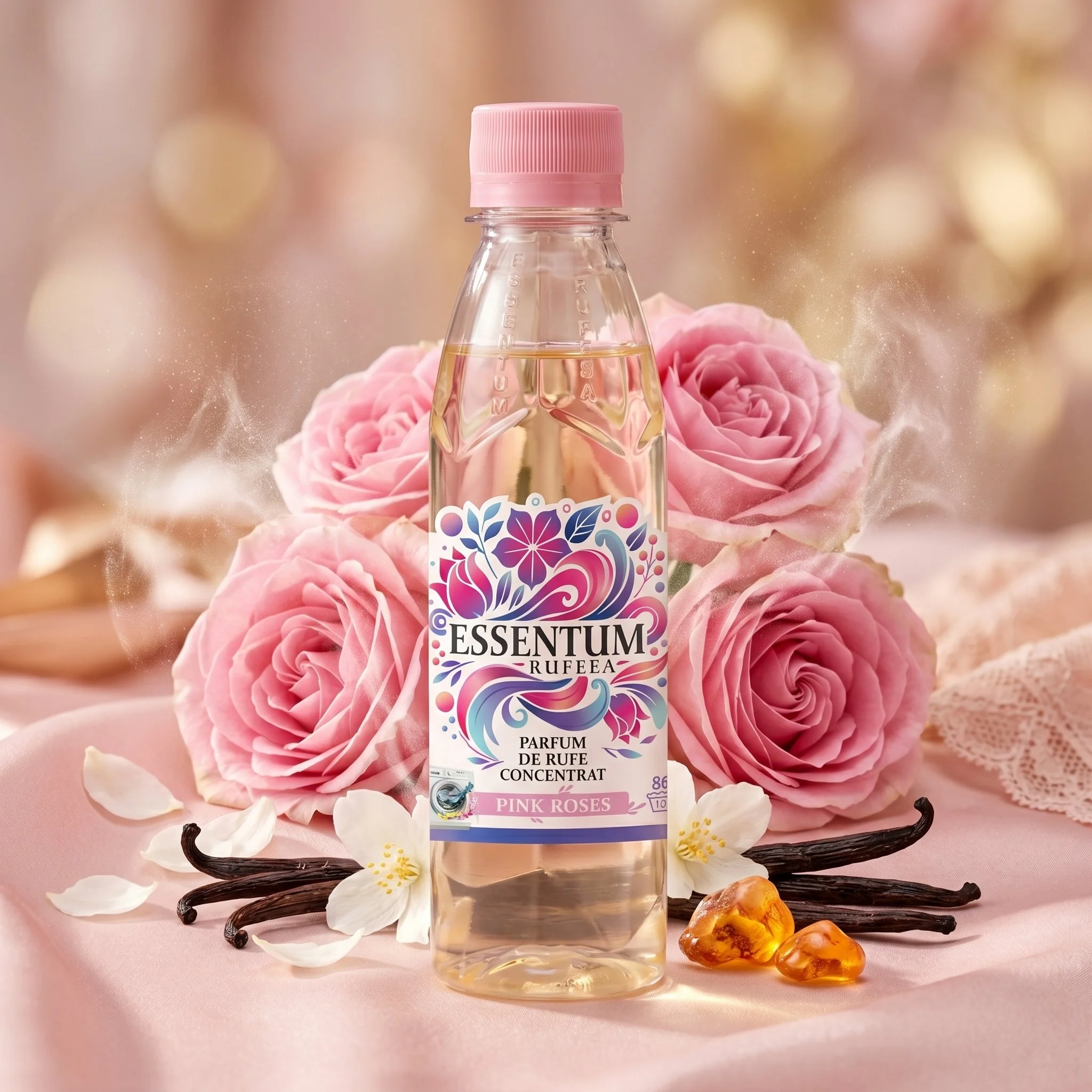 A clear perfume bottle with a pink cap, placed on a pink surface surrounded by pink roses, white flowers, vanilla pods, and amber stones with a blurred pink and gold background.