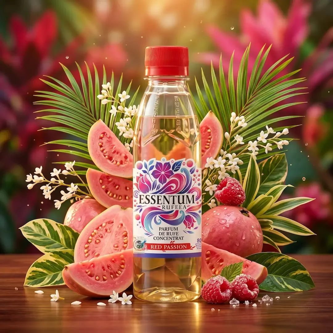 A bottle of Essentum Rufeaa perfume labeled 'Red Passion' surrounded by sliced and whole pink passion fruits, raspberries, green palm leaves, white flowers, and small white petals on a wooden surface with a blurred floral background.