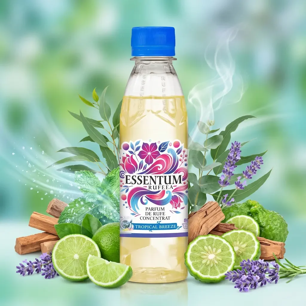 A bottle of Essence Rufeaa Tropical Breeze perfume surrounded by lime slices, lavender flowers, ginger roots, and green leaves with a blurred green background.