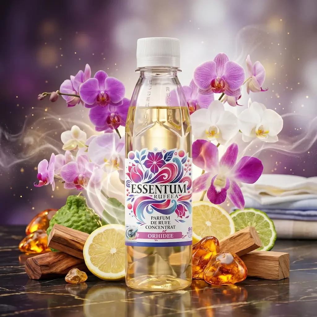 A bottle of Essence perfume with orchid and citrus fruits, wood, and amber accents in the background.