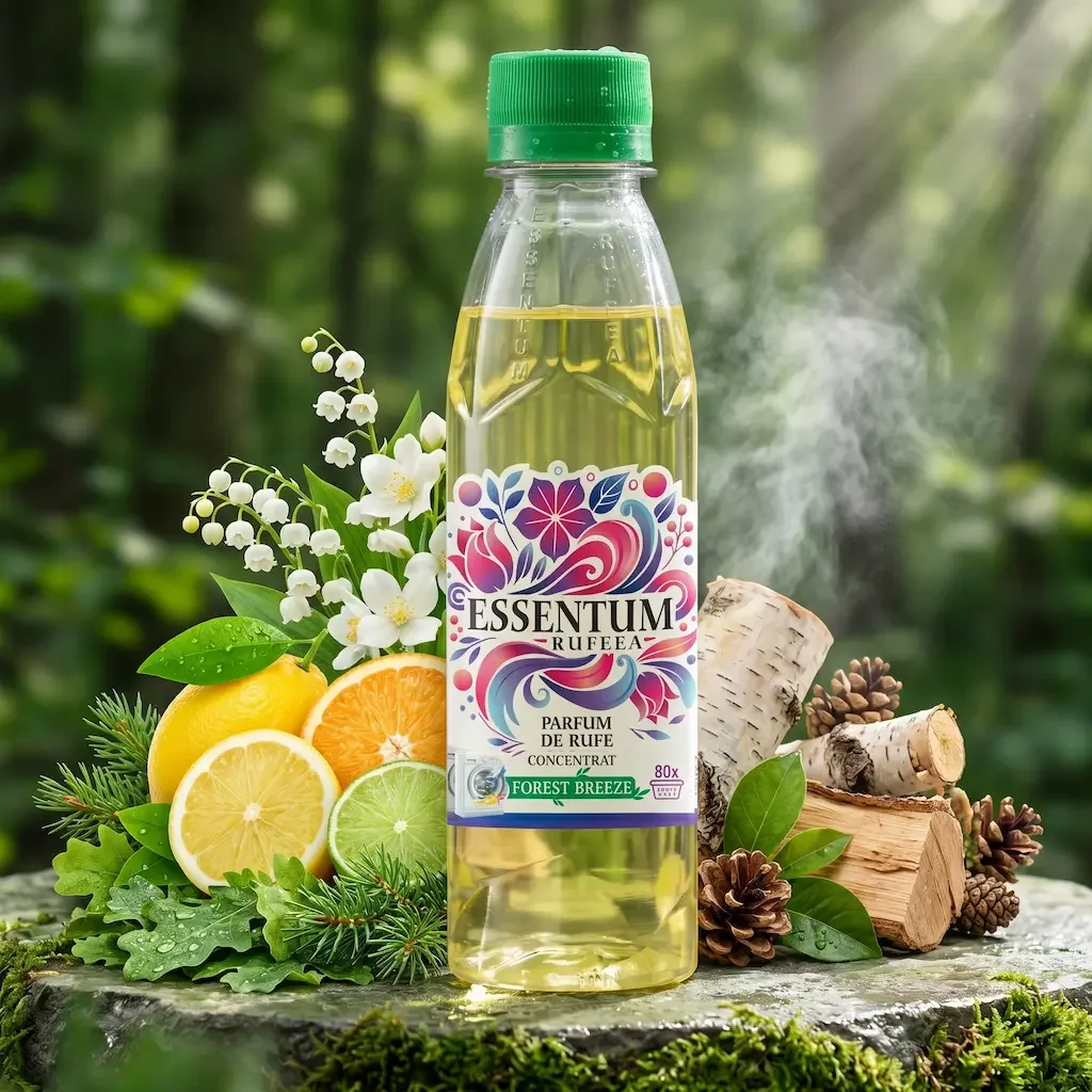 A bottle of Essentum perfume with a forest breeze scent placed on a mossy surface outdoors, surrounded by citrus fruits, white flowers, birch logs, pinecones, and green leaves with a blurred forest background.