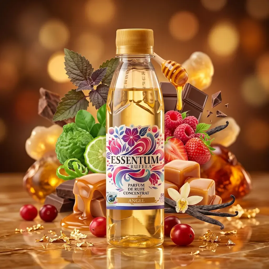 A bottle of Essentum Rufeaa perfume surrounded by honey, chocolates, berries, lime, vanilla beans, and mint leaves on a wooden surface with a blurred warm background.