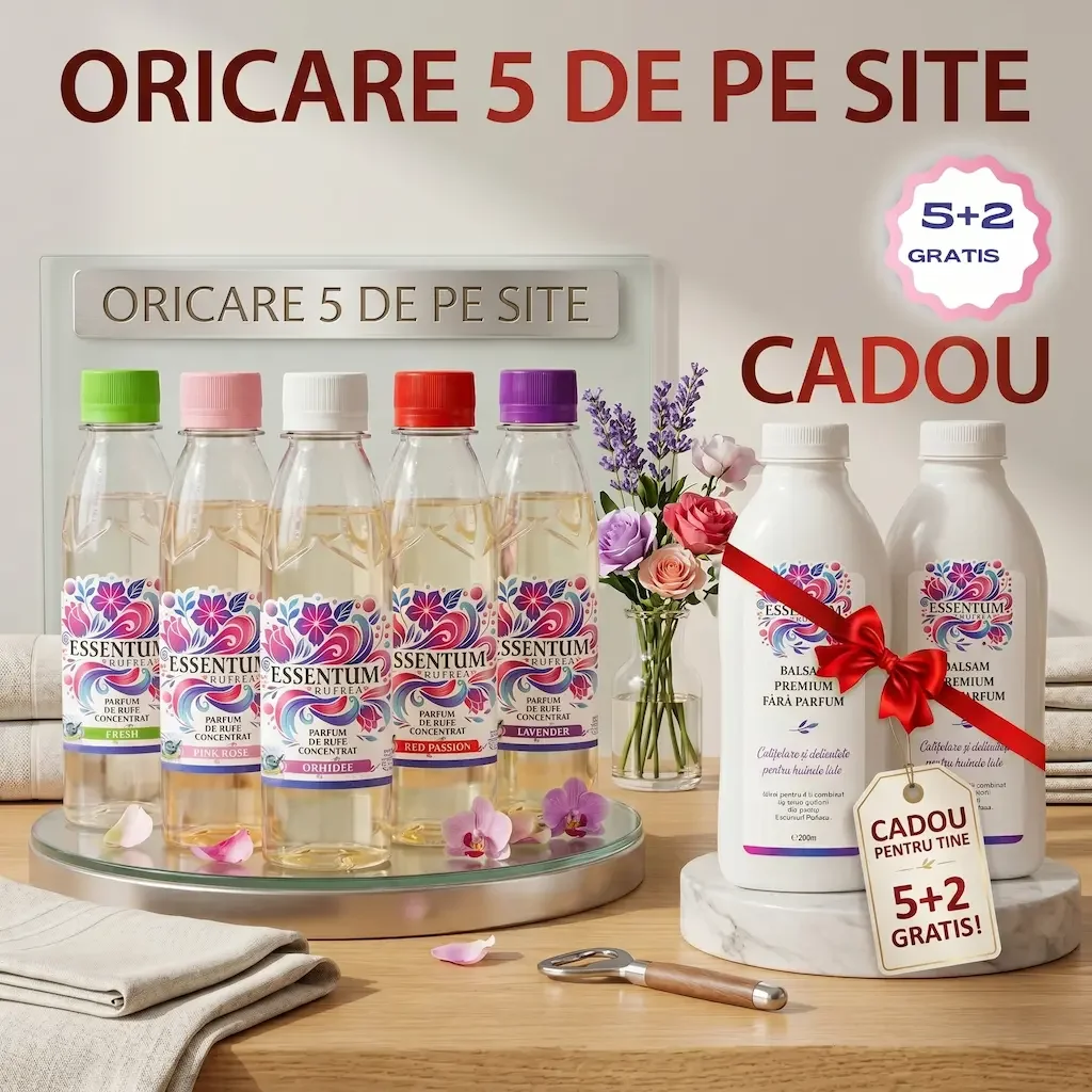 Display of Essentum perfume bottles with colorful caps, a bouquet of flowers, and promotional signs offering a buy five get two free deal, set on a wooden table.
