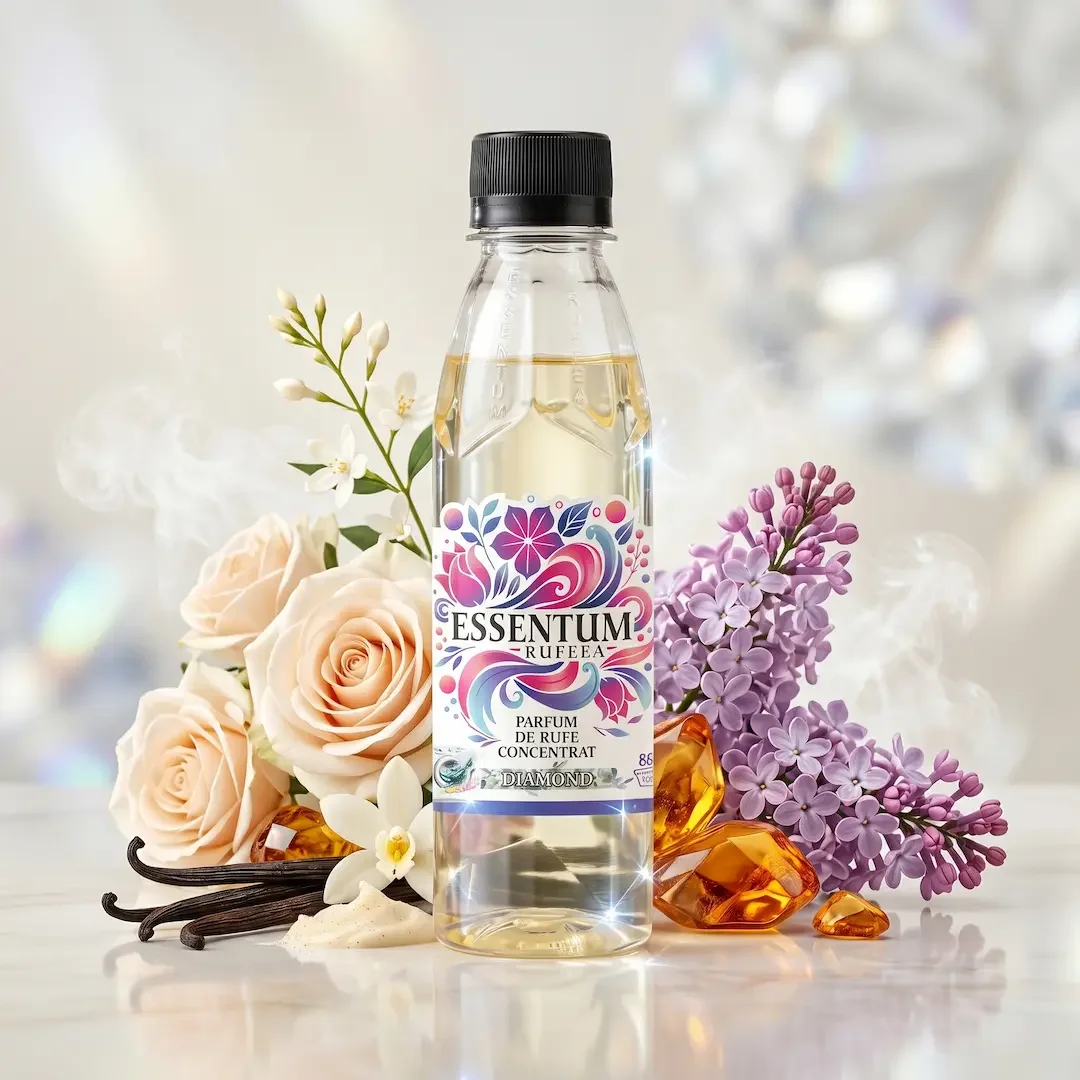 A bottle of Essenceum Rufeaa concentrated perfume surrounded by white roses, purple lilacs, vanilla pods, and amber stones on a white surface with a blurred background.