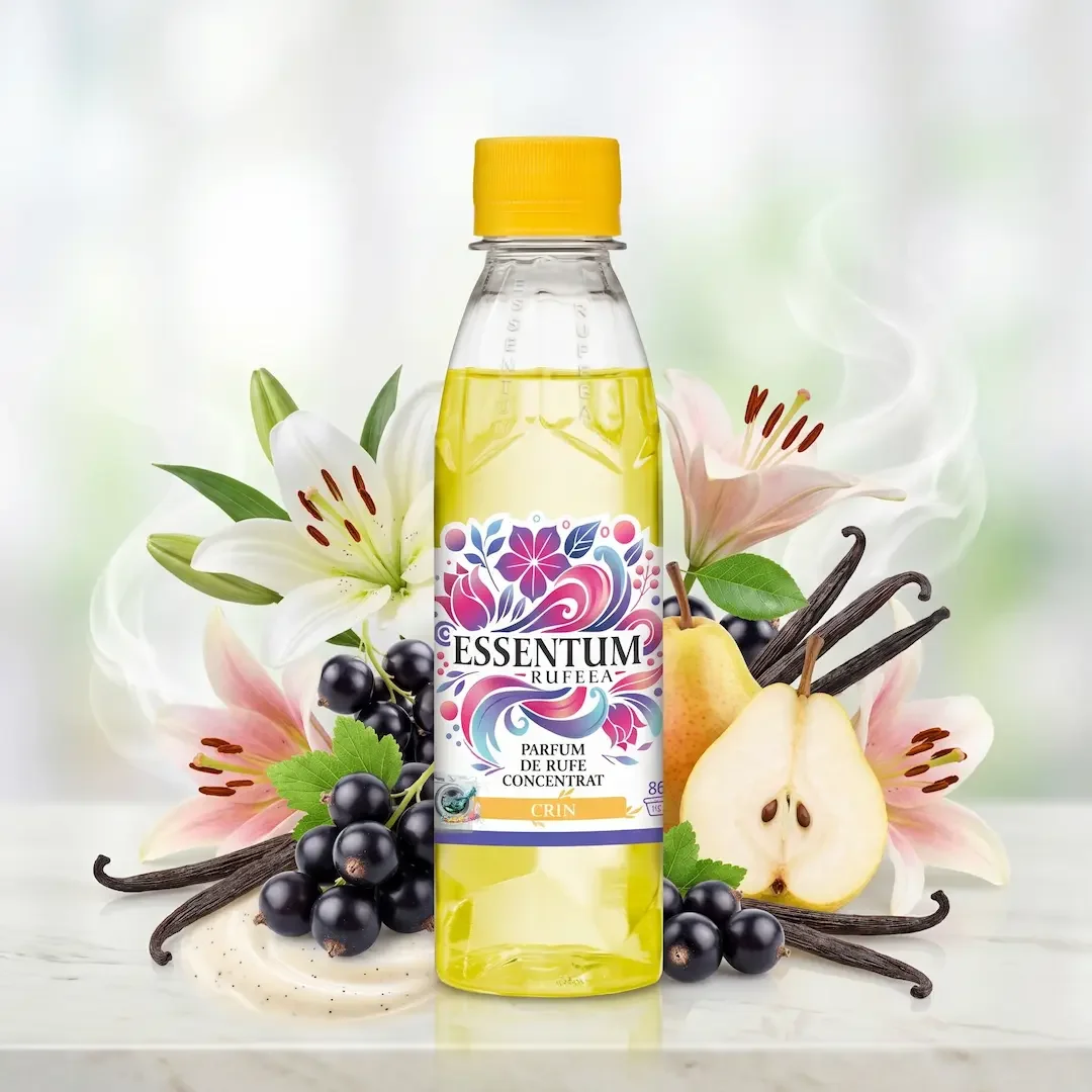 A bottle of Essence Rumeea concentrated rum fragrance with floral, fruit, and spice ingredients including lilies, blackcurrants, pears, and vanilla pods surrounding it.