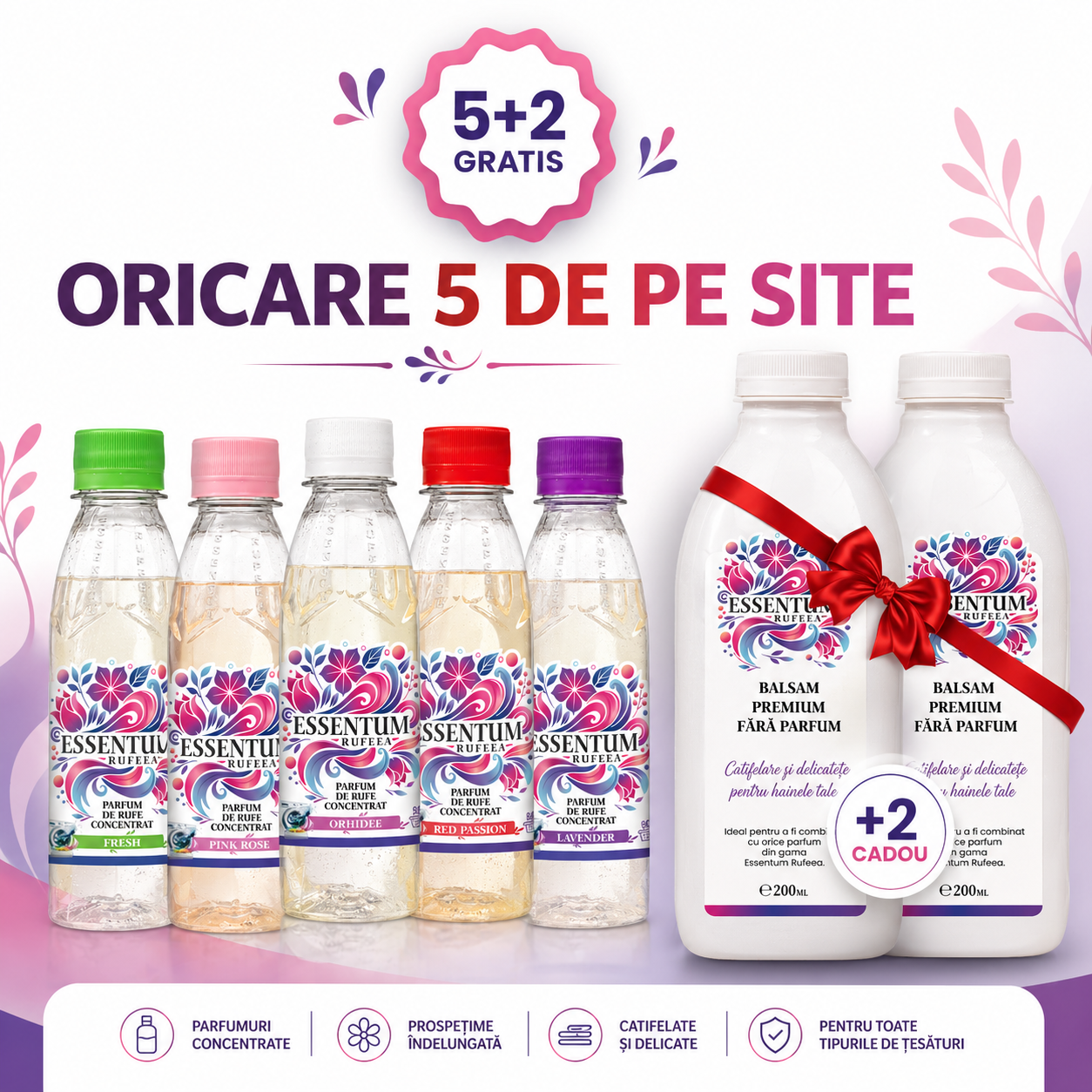 A promotional advertisement for Essentium Rufea perfume products offering a buy five, get two free deal. The image showcases five bottles of concentrated perfume with different colors on their caps and two larger bottles of perfume with decorative bows on the right side. The background is white with pink and purple floral accents, and the text highlights the promotion details and benefits of the products.