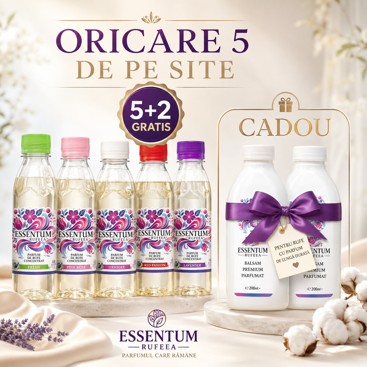 A display of five bottles of Essence Rumée perfume with colorful caps, each labeled with different scents, alongside two gift bottles tied with a purple ribbon and a tag, with a promotional sign offering a 5+2 free deal.