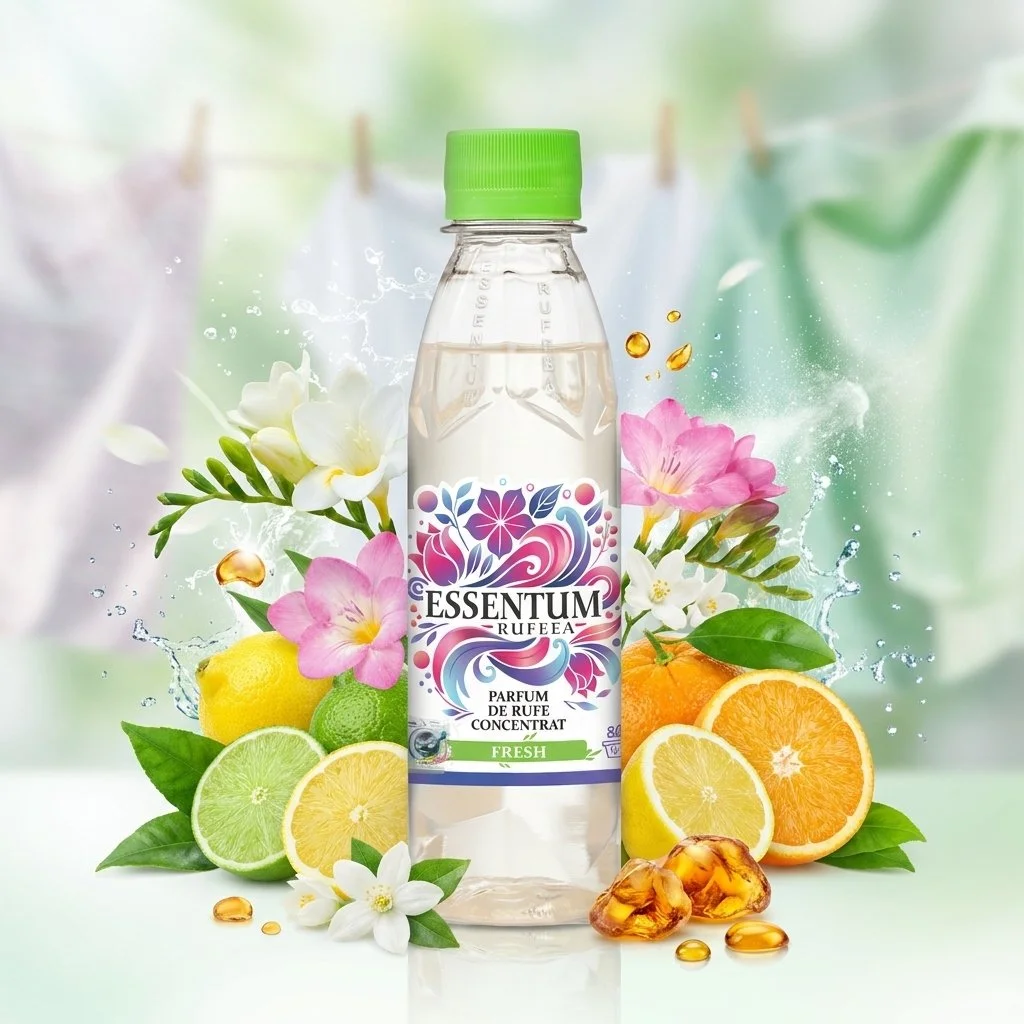Bottle of Essentum perfume surrounded by various citrus fruits, flowers, and oil drops with a blurred background.