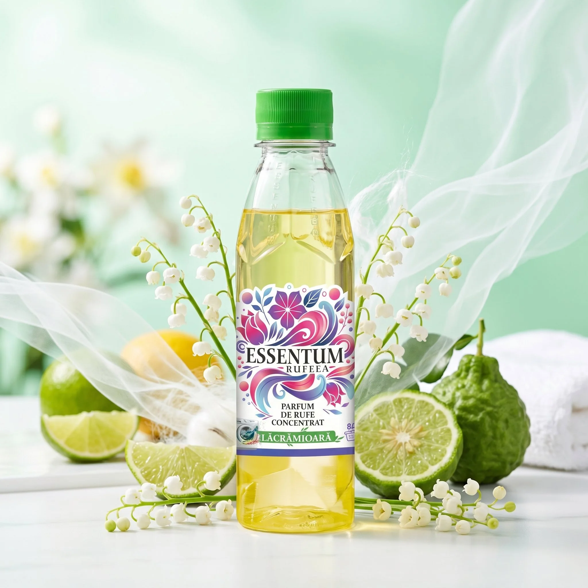 A clear plastic bottle with a green cap containing a yellow liquid, surrounded by lime slices and small white flowers, with a soft green background.