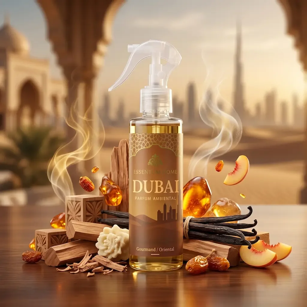 A bottle of Dubai ambient perfume surrounded by spices, dried fruits, and flowers, with a cityscape in the background.