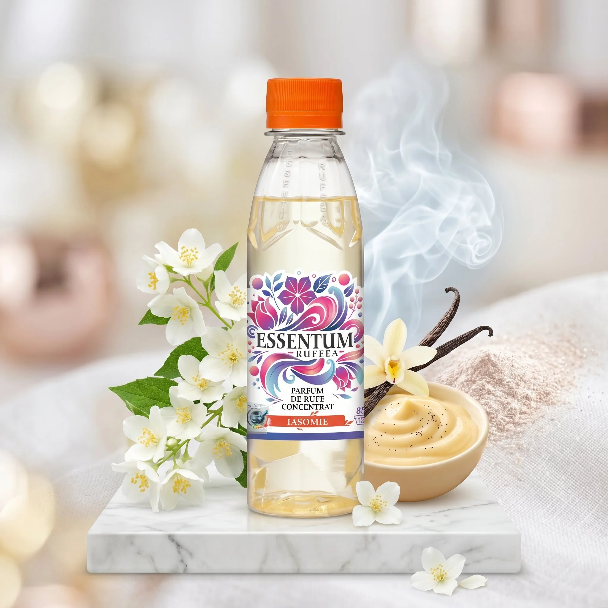 A bottle of essence perfume with floral and leaf designs on the label, surrounded by white flowers and vanilla beans on a white marble surface.