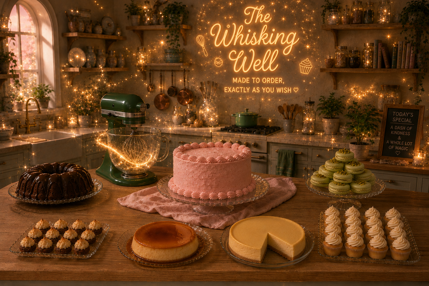 A decorated kitchen with a birthday cake and various desserts on a wooden table. The background features a wall with lit-up signs reading 'The Whisking Well' and other decorations, including hanging copper pots and plants, creating a cozy atmosphere.