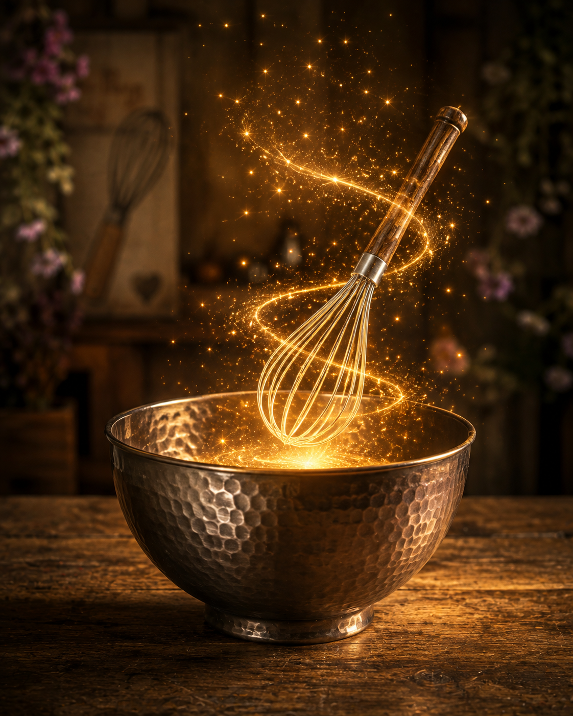 A metal mixing bowl on a wooden table with a glowing whisk suspended above it, surrounded by swirling sparkles of golden light.