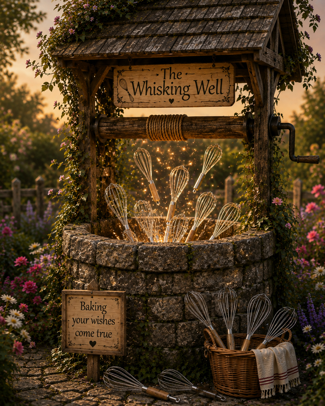 A rustic outdoor wishing well with a sign that reads "The Whisking Well" and a whisk icon, surrounded by flowers and vines at sunset. A hand-crank mechanism is attached, and metal whisks are glowing inside, with a basket of additional whisks and a towel nearby. Another sign says, "Baking your wishes come true."