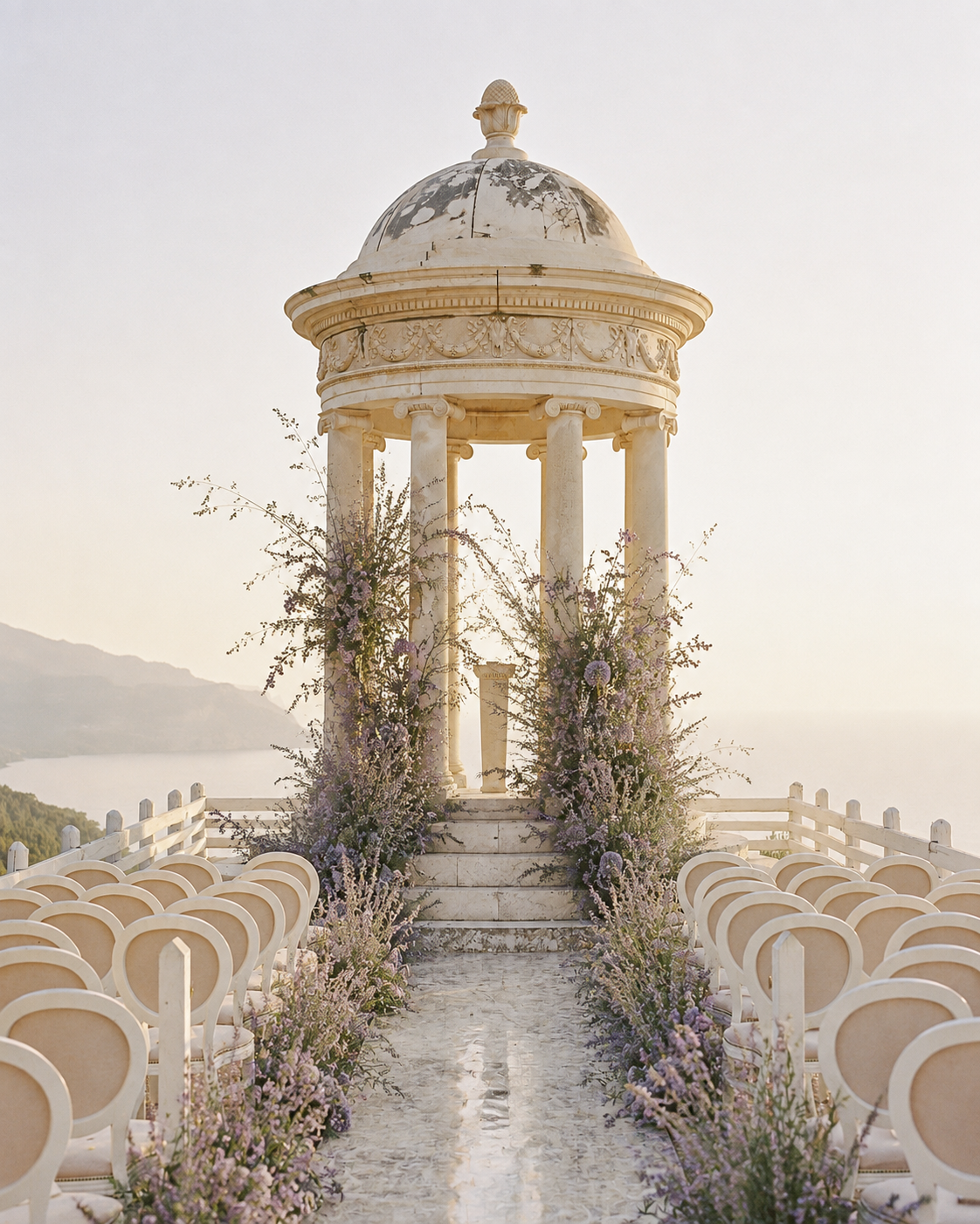 Ein kinderloser, weißer Pavillon mit Säulen und einer goldenen Fruchtschale auf der Kuppel, umgeben von Blumenranken, auf einer erhöhten Terrasse mit Blick auf Wasser und Berge bei Sonnenuntergang.