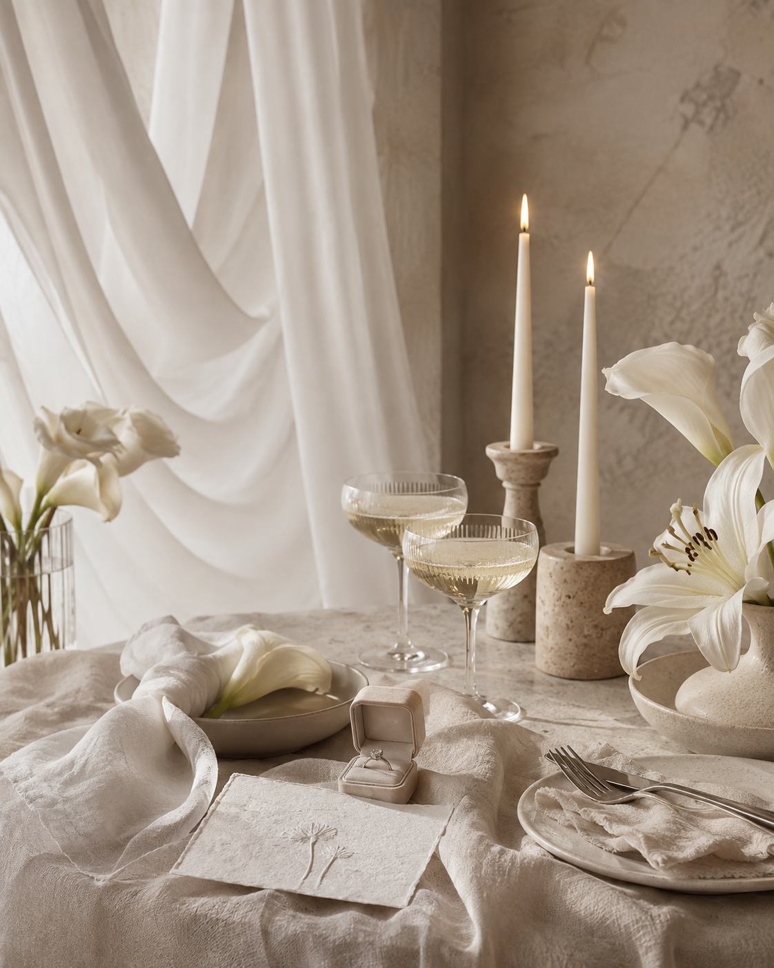 Ein festlich gedeckter Tisch mit weißen Blumen, zwei Kerzen, zwei Gläser Champagner, einem Schmuckstück und einer Einladungskarte, alles in cremefarbenen Tönen.