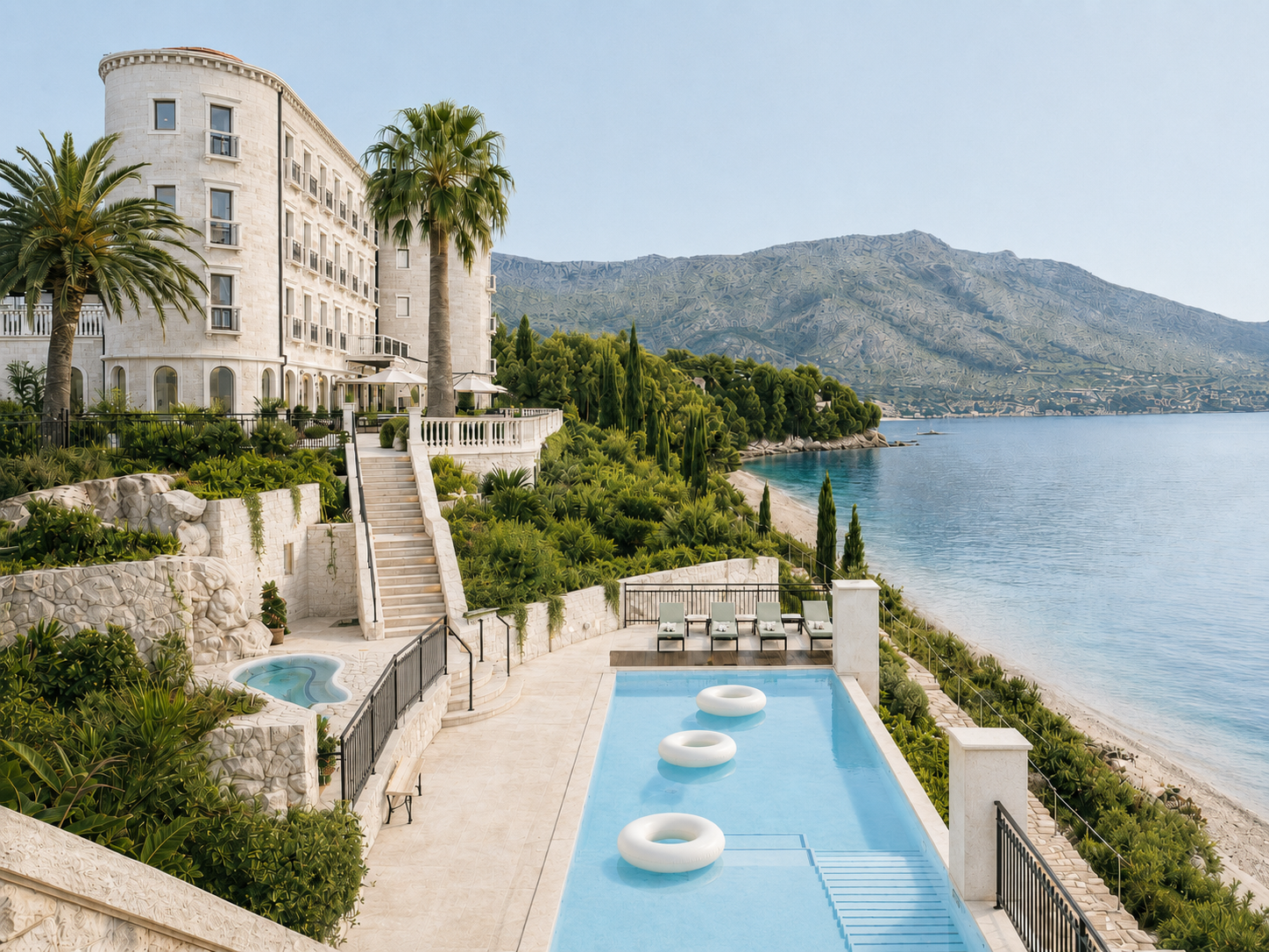 Ein Hotel mit Pool und Meerblick, umgeben von grünen Pflanzen und Palmen, vor Bergen im Hintergrund.
