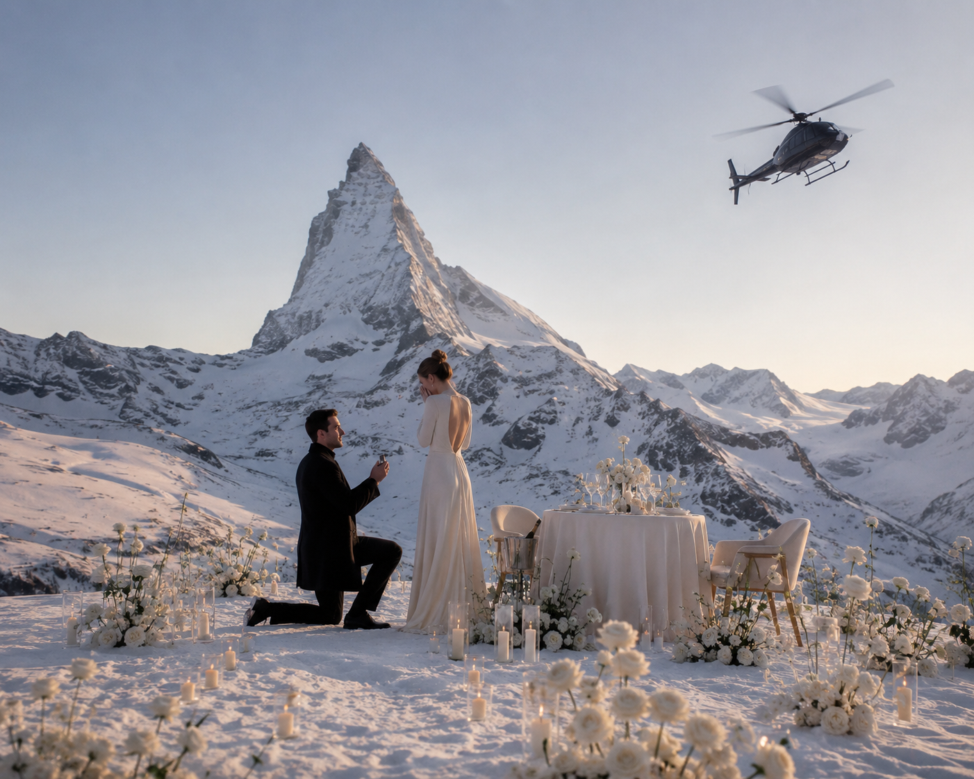 Ein Hochzeitsantrag im Schnee vor den Alpen mit Blick auf das Matterhorn, ein Mann macht einem frau den Antrag, während ein Hubschrauber am Himmel fliegt, umgeben von weißen Blumen und Kerzen.