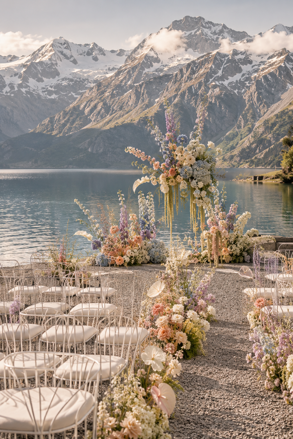 Eine Hochzeitszeremonie am See mit Bergen im Hintergrund, dekoriert mit Blumen in Pastellfarben