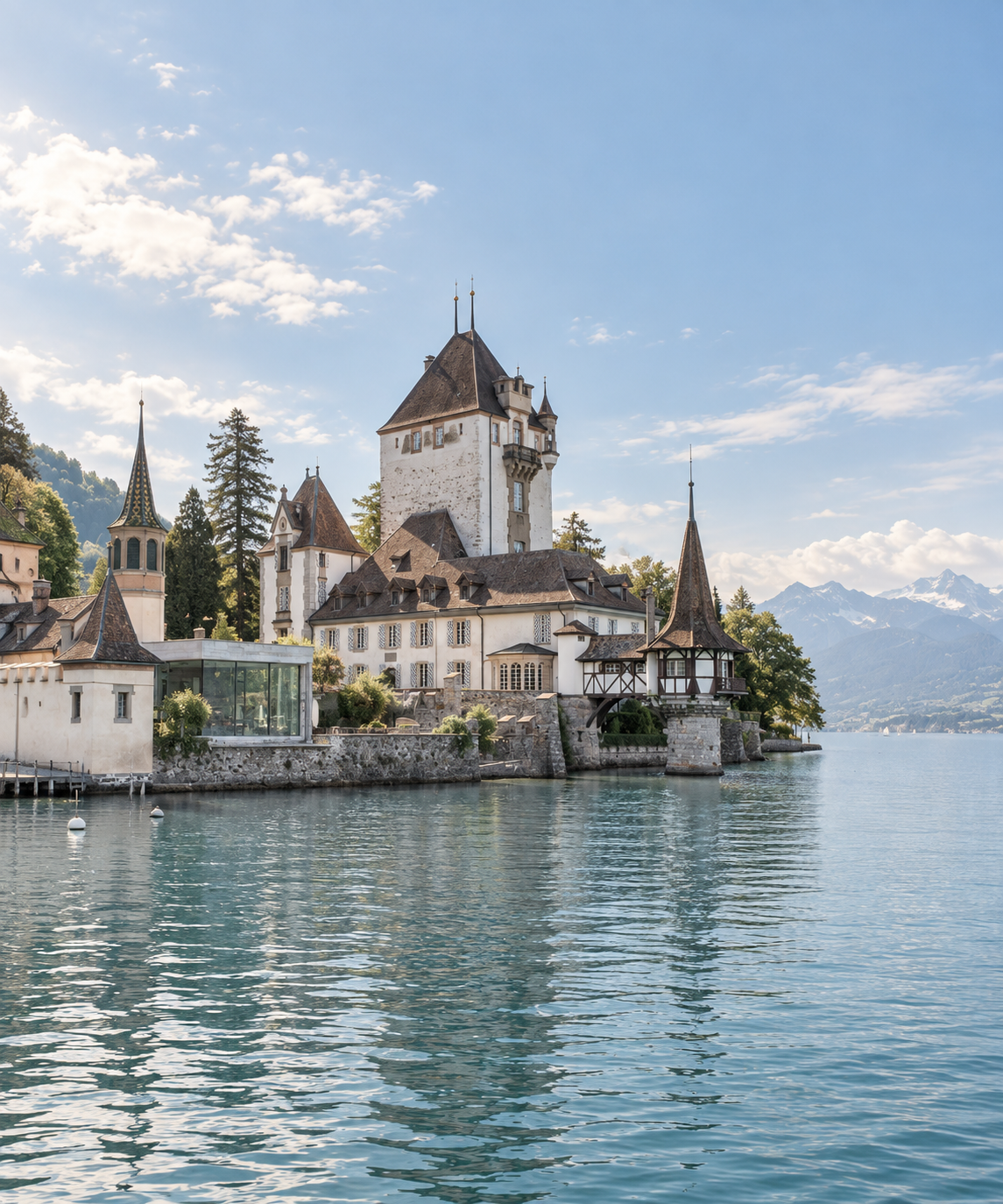 Burg oder Schloss am Ufer eines Sees mit Bergen im Hintergrund bei Sonnenschein.