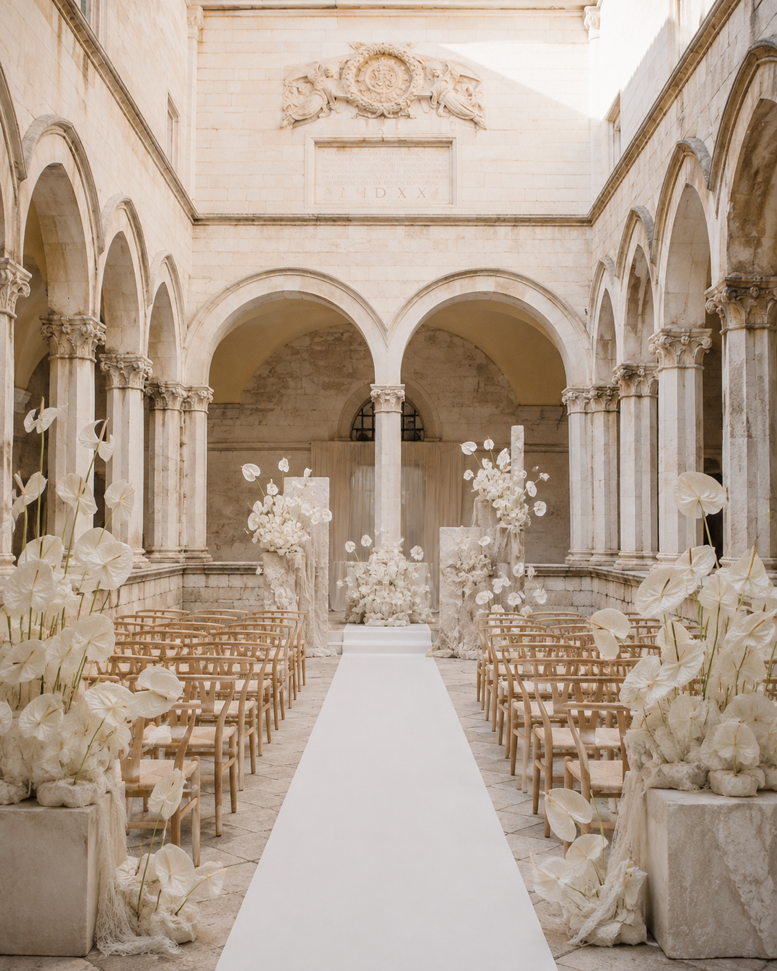 Ein eleganter Innenraum für eine Hochzeitszeremonie mit weißen Blumen und einer weißen Bogen-Akten an der Vorderseite, umgeben von Stühlen auf beiden Seiten des weißen Mittelgangs.