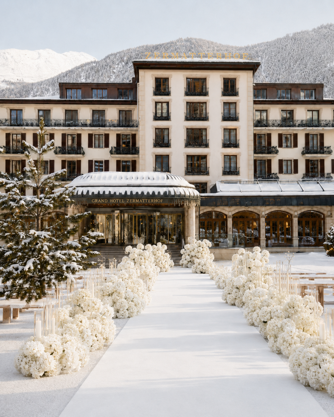 Ein eleganter Hochzeitspfad mit weißen Blumen und Kerzen führt zum Eingang des Grand Hotel Zermatterhof, mit Schnee bedecktem Baum im Vordergrund und Hotelgebäude im Hintergrund vor schneebedeckten Bergen.