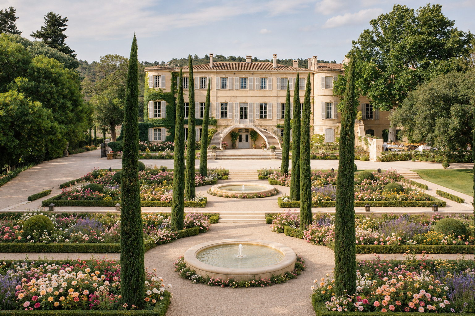 Ein prächtiger Garten mit Springbrunnen, Blumenbeeten und hohen Zypressen vor einem großen Villa im mediterranen Stil.