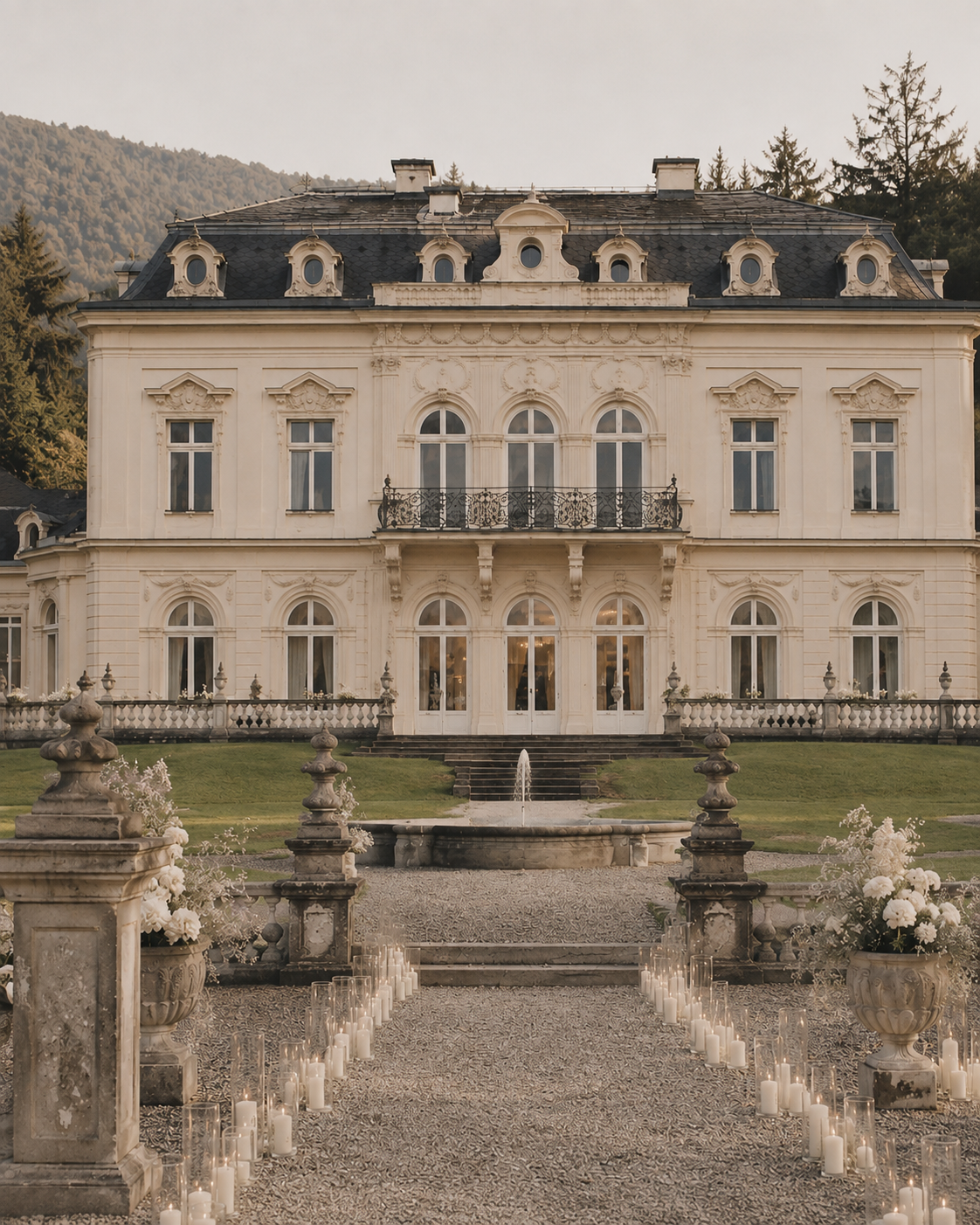 Ein elegantes, weißes Herrenhaus mit mehreren Etagen, große Fenster und ein Balkon. Im Vordergrund ein gepflegter Garten mit Kerzen und Dekorationen für eine Feier, vermutlich eine Hochzeit, bei Dämmerung oder Sonnenuntergang.