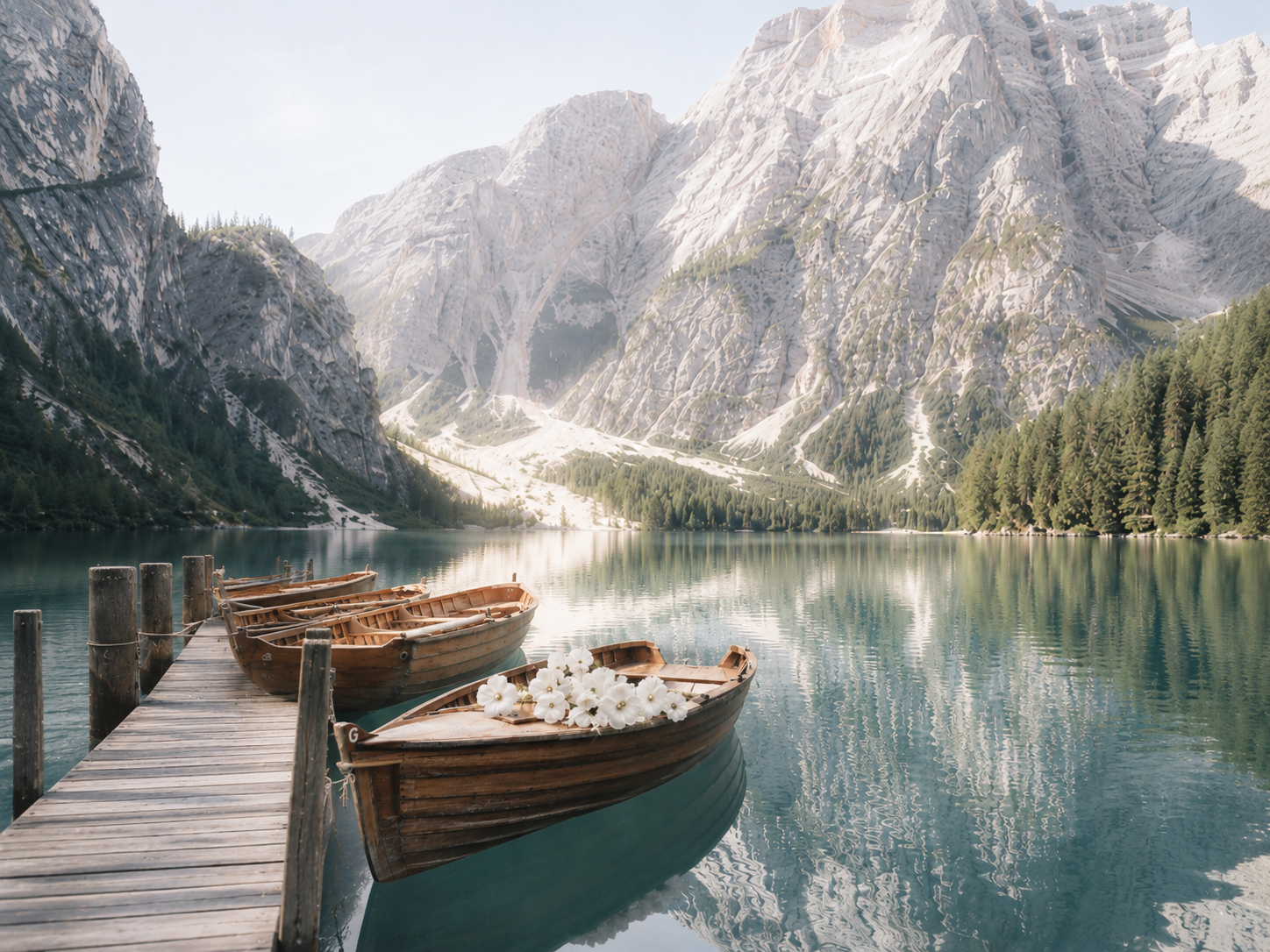Zwei Holzboote am Steg an einem See mit Bergen im Hintergrund, eines der Boote ist mit weißen Blumen dekoriert.
