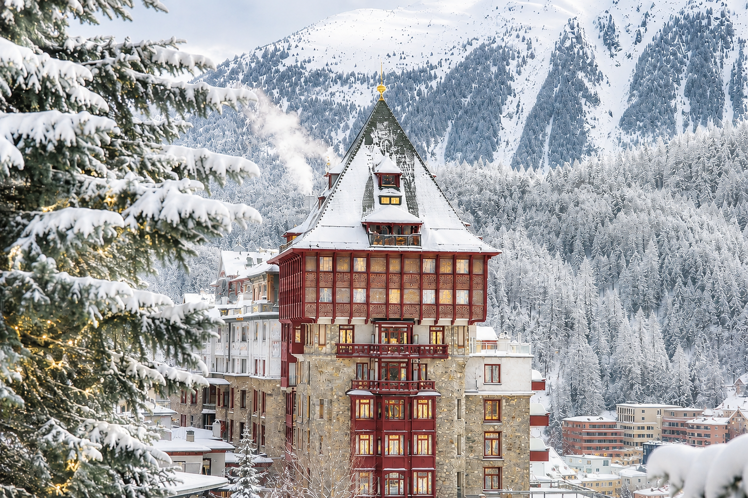 Ein verschneites altes Hotel mit rotem Fachwerk und steiler Dacheindeckung, umgeben von verschneiten Tannen im Winter, mit Bergen im Hintergrund.